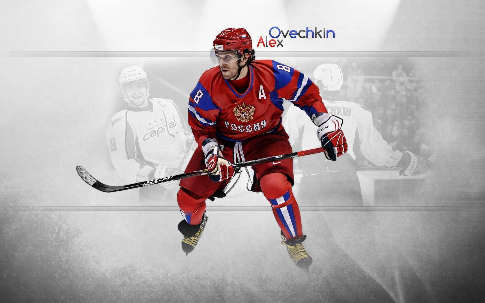 冰球運動員 Alex Ovechkin 身穿紅色俄羅斯球衣在冰上滑冰。