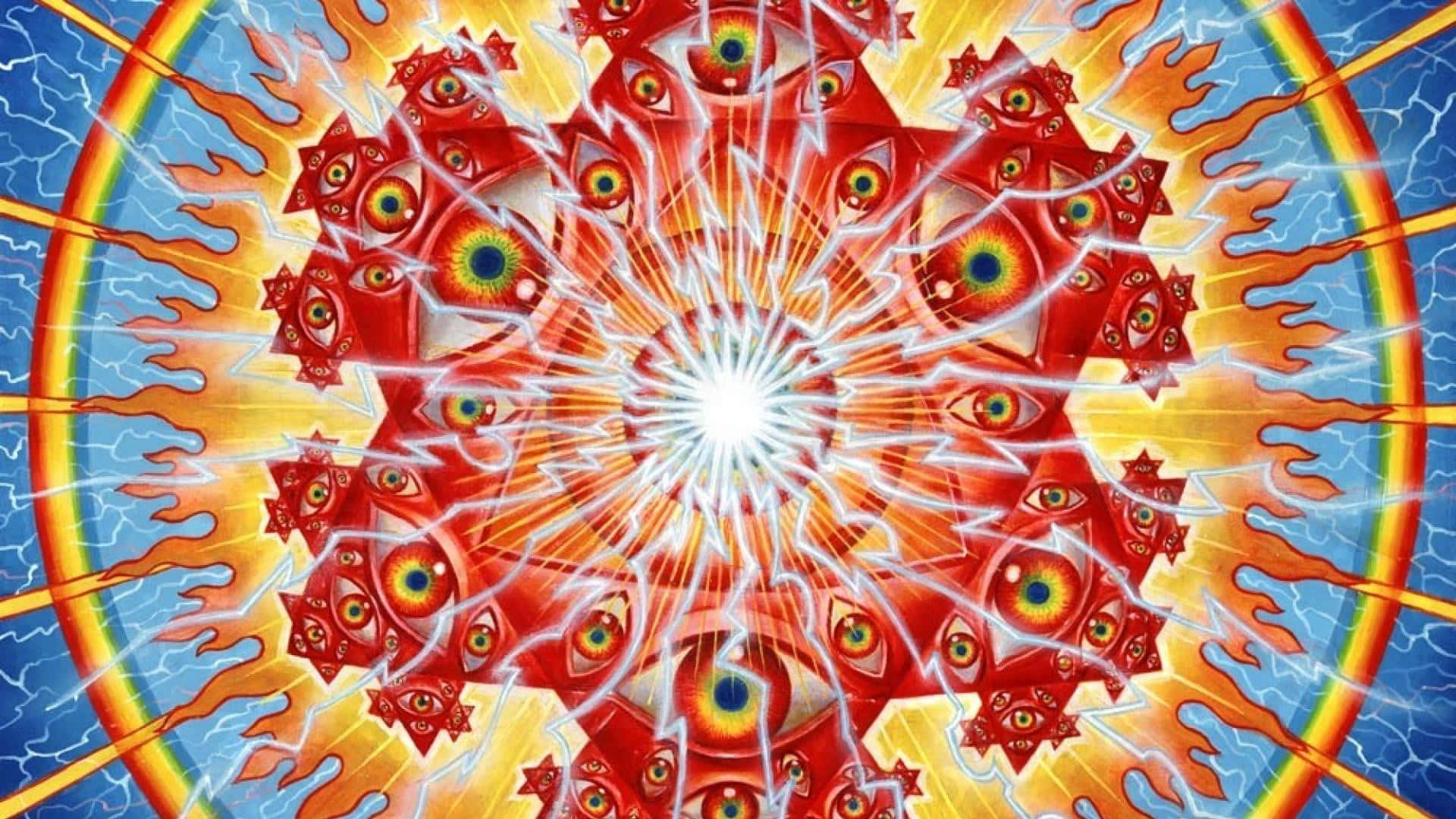 一個迷幻曼陀羅，紅色眼睛和閃電從明亮的中心輻射出來。