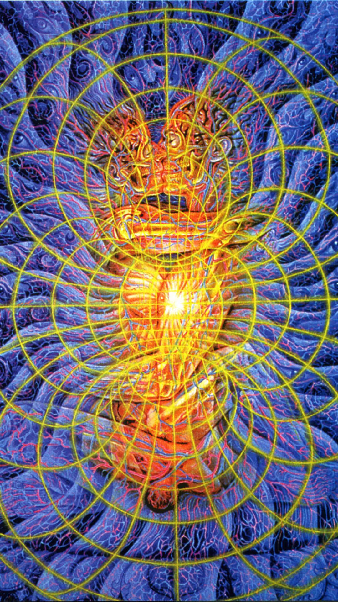 一個發光的金色幾何圖形，在旋轉的宇宙藍色背景下散發能量。