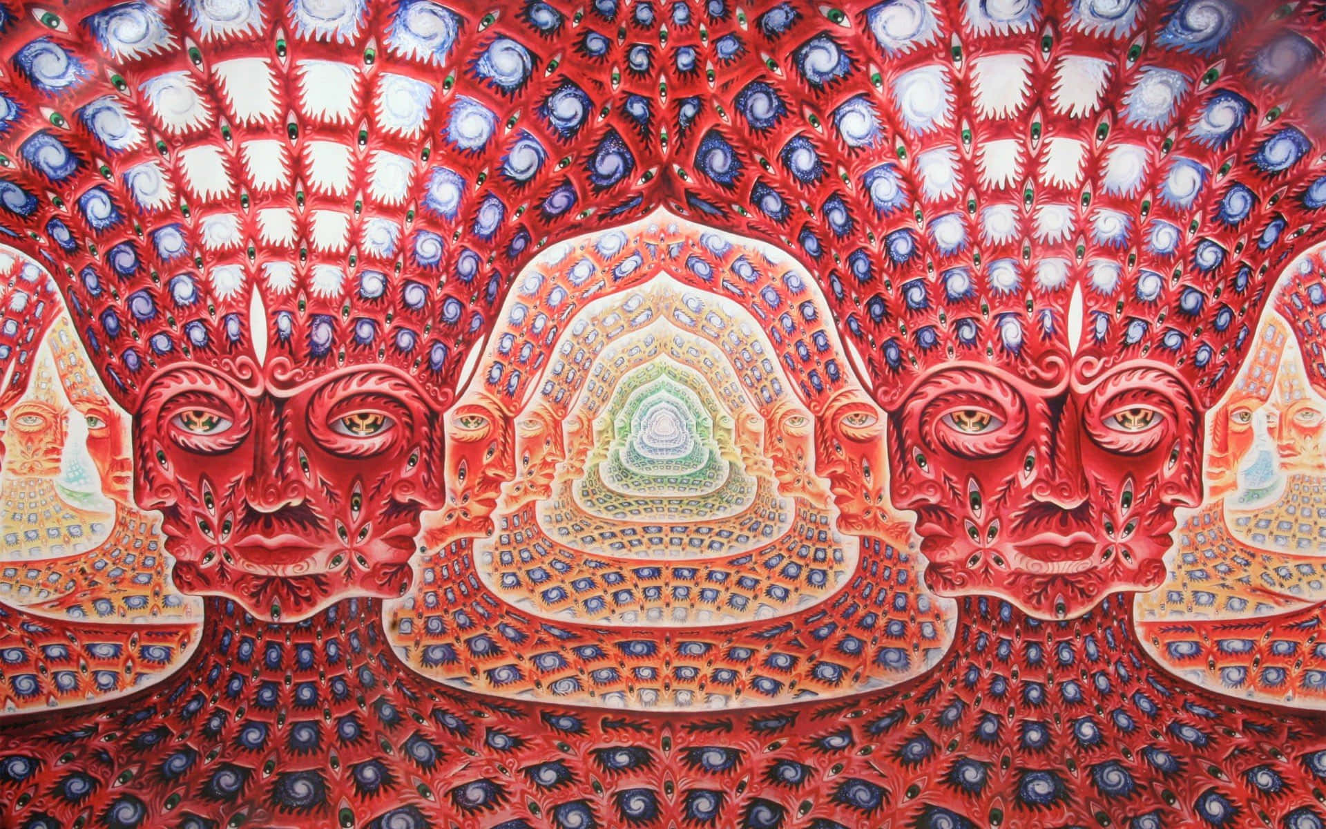 對稱的紅藍迷幻臉孔形成螺旋隧道圖案。