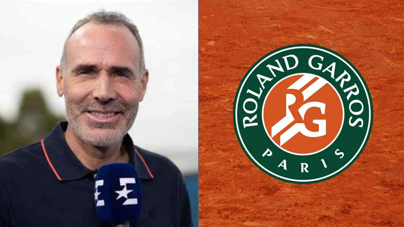 男子在泥地球場上的Roland Garros網球標誌旁對著麥克風說話。