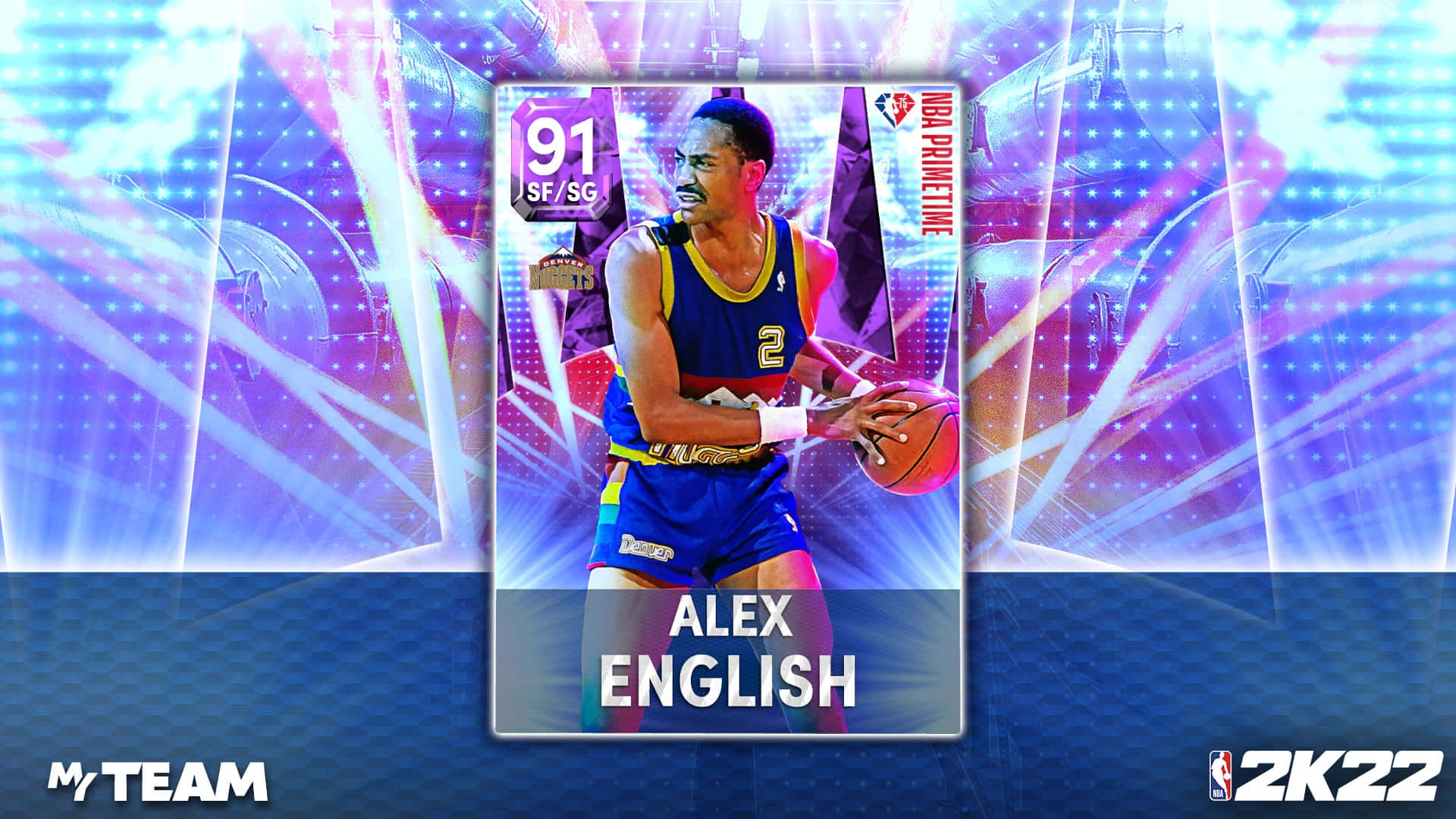 數碼NBA 2K22 MyTeam卡，以身穿藍色球衣的籃球運動員Alex English為特色。