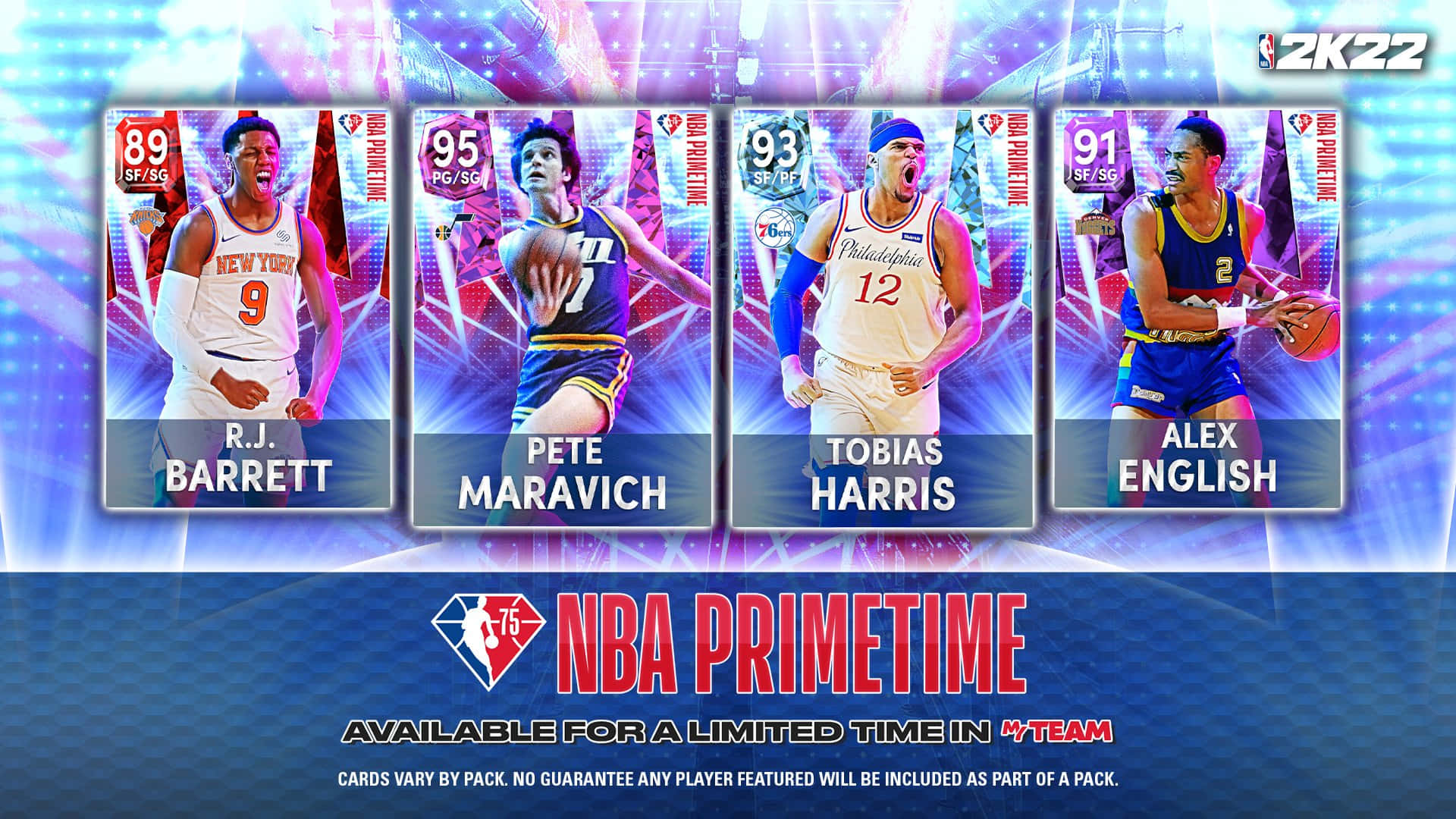 NBA 2K22 Primetime球員卡， featuring R.J. Barrett、Pete Maravich、Tobias Harris和Alex English。