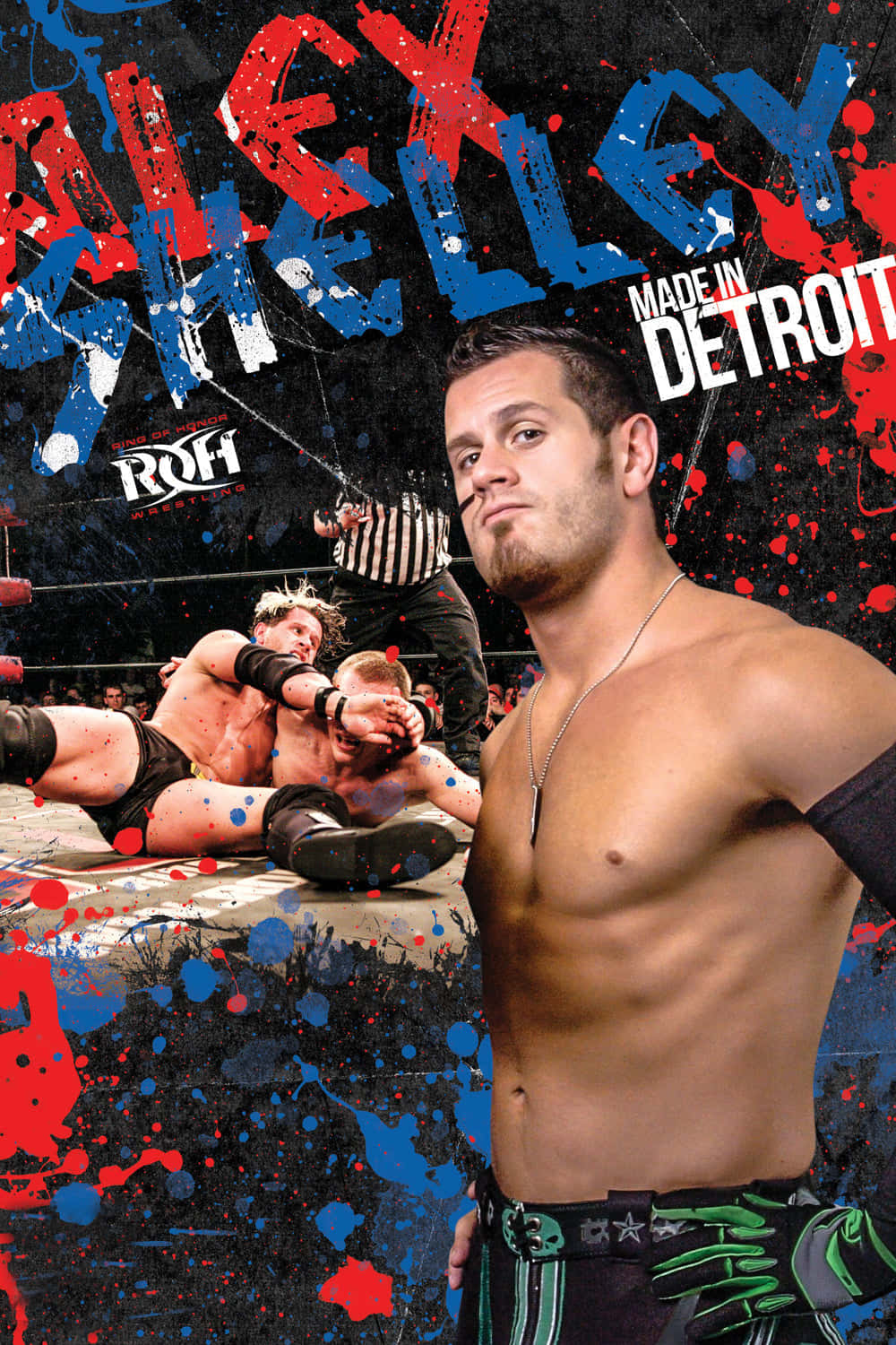 摔角手 Alex Shelley 在擂台上有油漆濺漬和 ROH 標誌