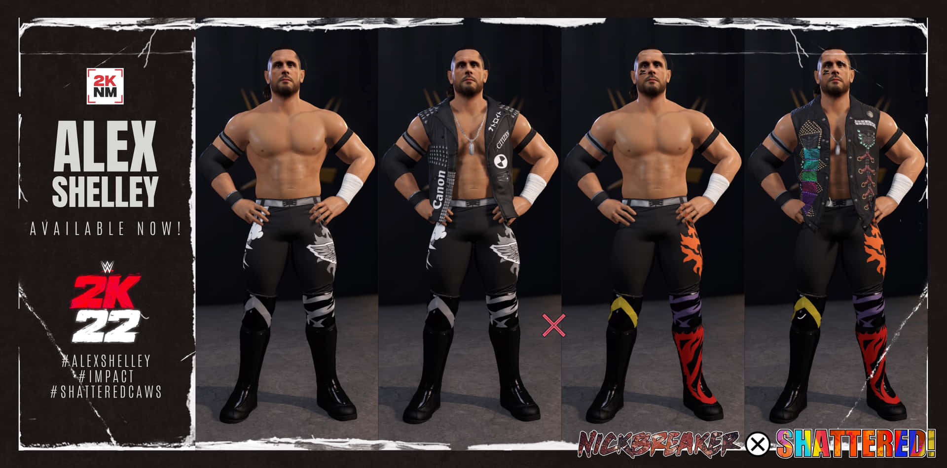 摔角手 Alex Shelley 的四種不同 2K22 遊戲服裝變體。