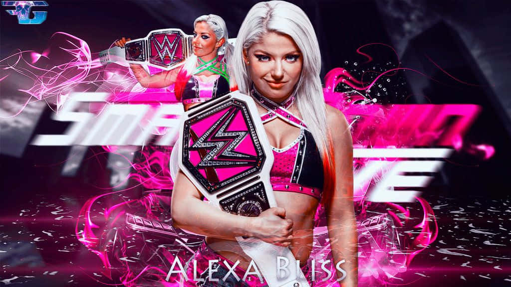 WWE摔角手Alexa Bliss手持帶有粉紅能量效果的冠軍腰帶。