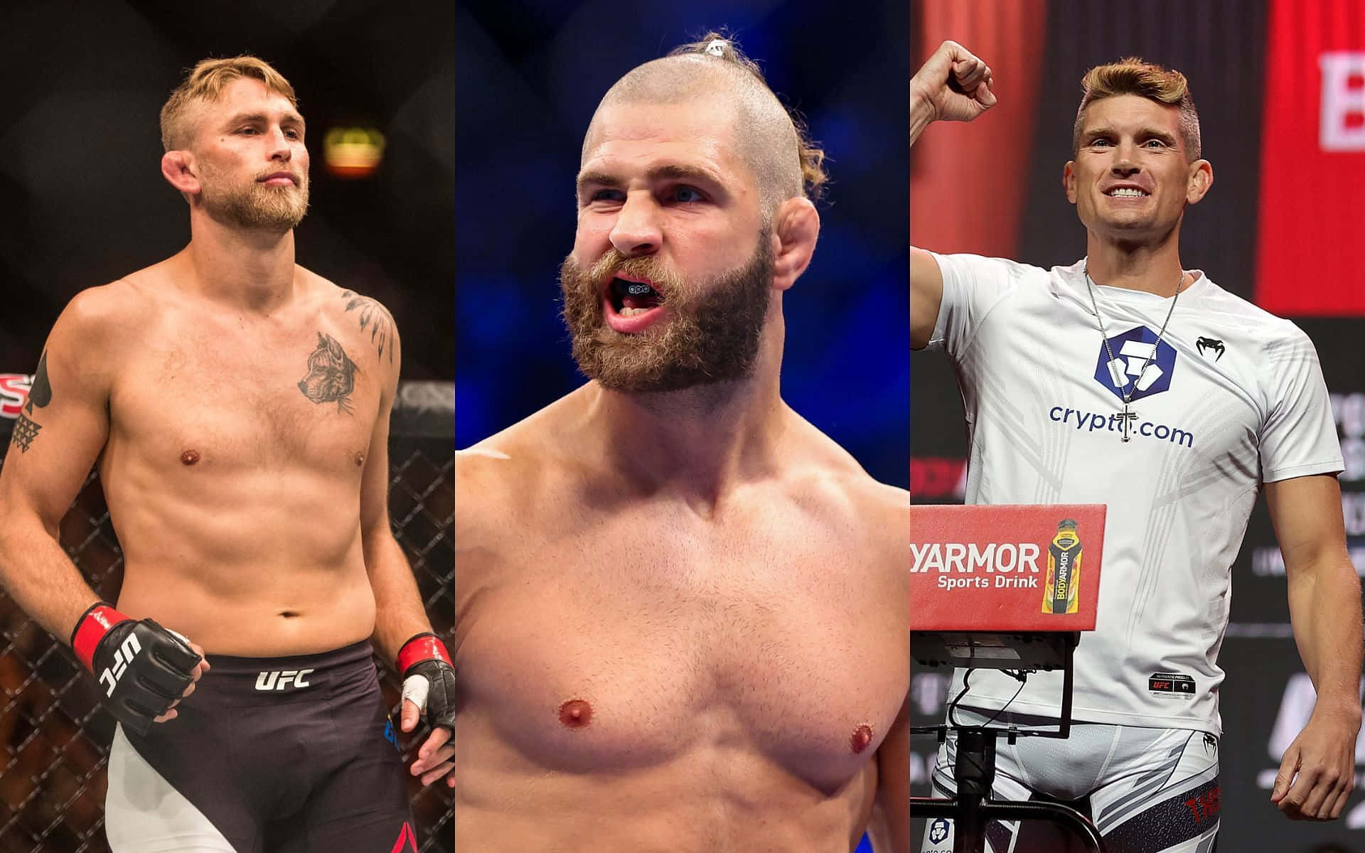三名男性MMA拳手身穿格鬥裝備，在鐵籠和擂台環境中自信地擺姿勢。