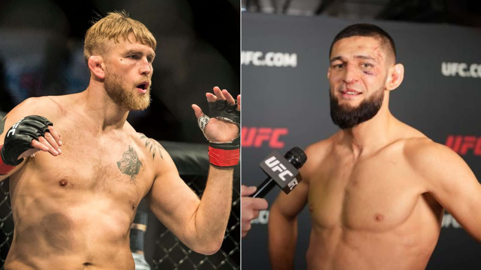 兩名男性MMA拳手賽後，一人在八角籠內做手勢，另一人帶著瘀傷的臉微笑接受採訪。
