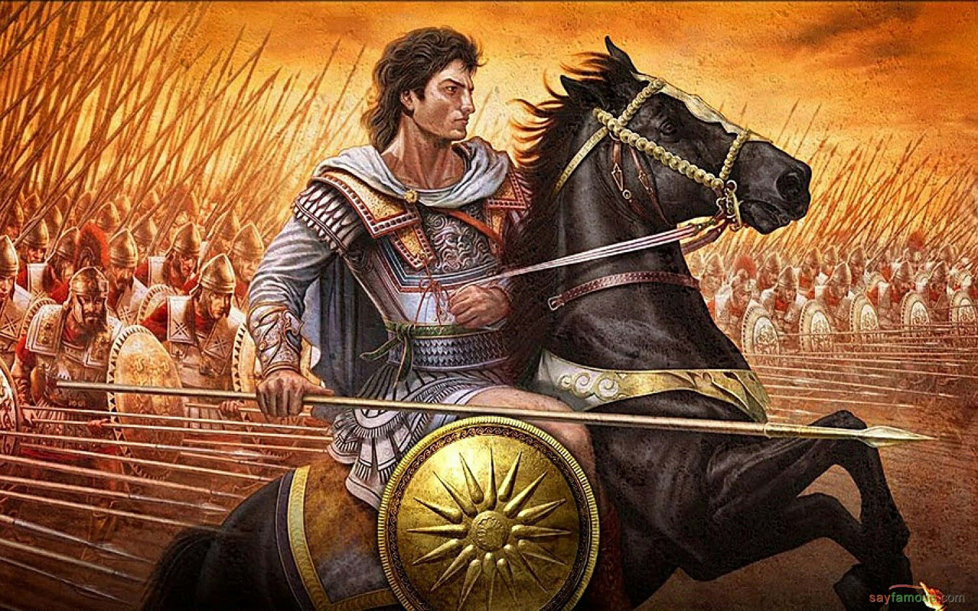 古代戰士騎黑馬率領軍隊作戰，手持金色太陽爆發盾牌。