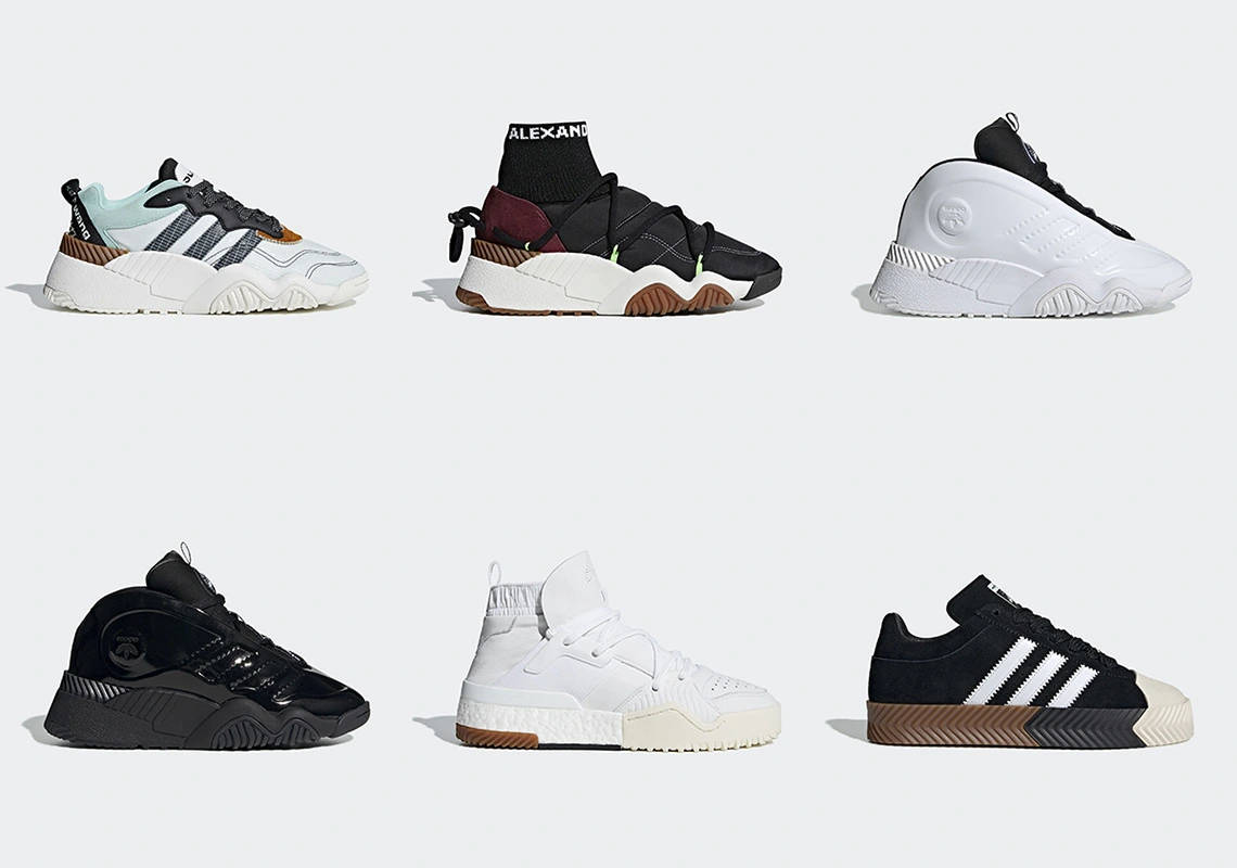 六款不同的 Adidas 運動鞋並排展示在白色表面上。