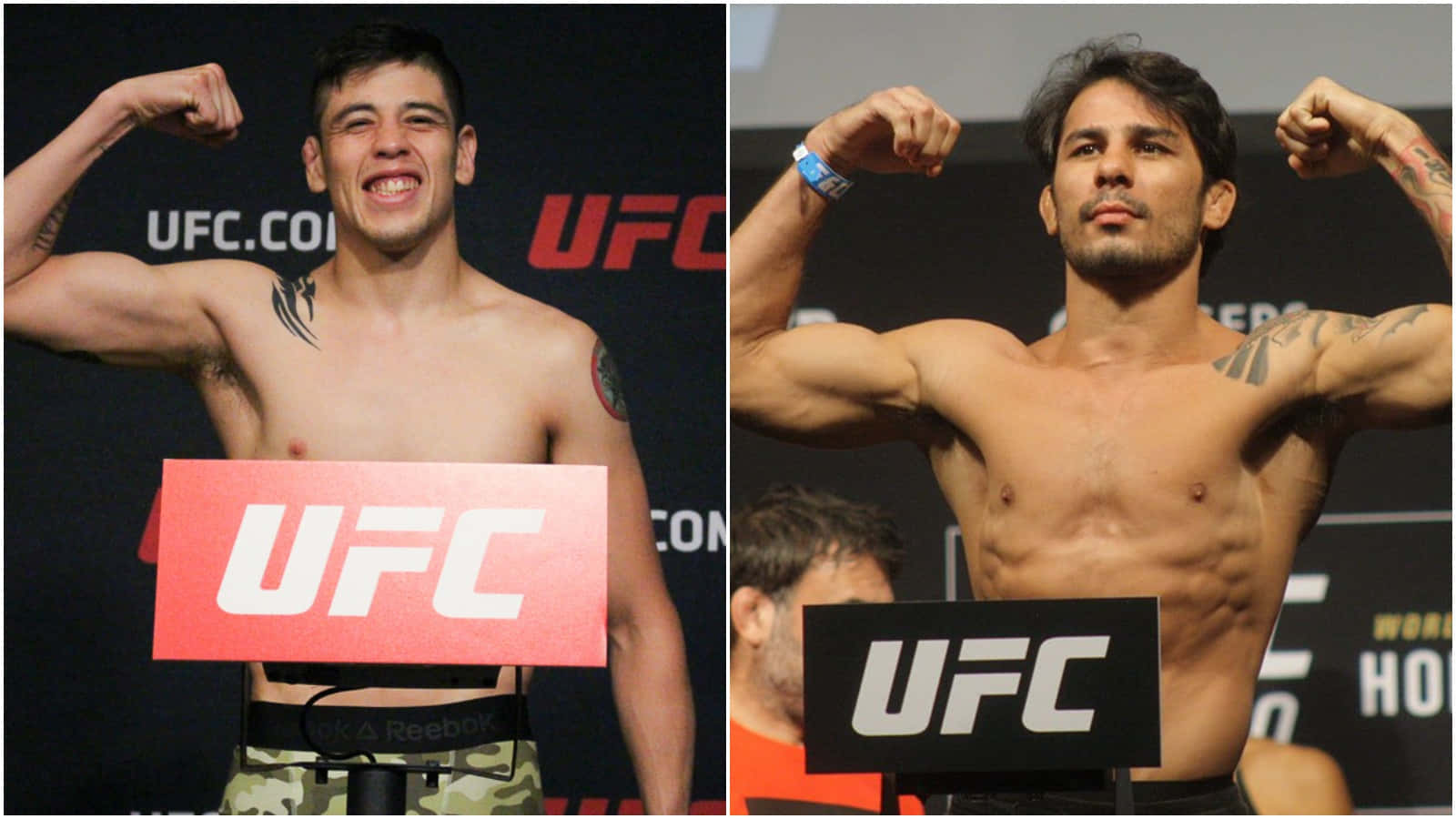 兩名男性UFC拳手在過磅活動中展示肌肉。