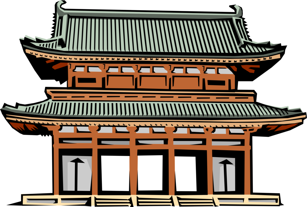 亞洲傳統寺廟插圖 壁紙 — 一個風格化的插圖，描繪傳統日本大門，具有分層屋頂和木樑，背景為黑色。