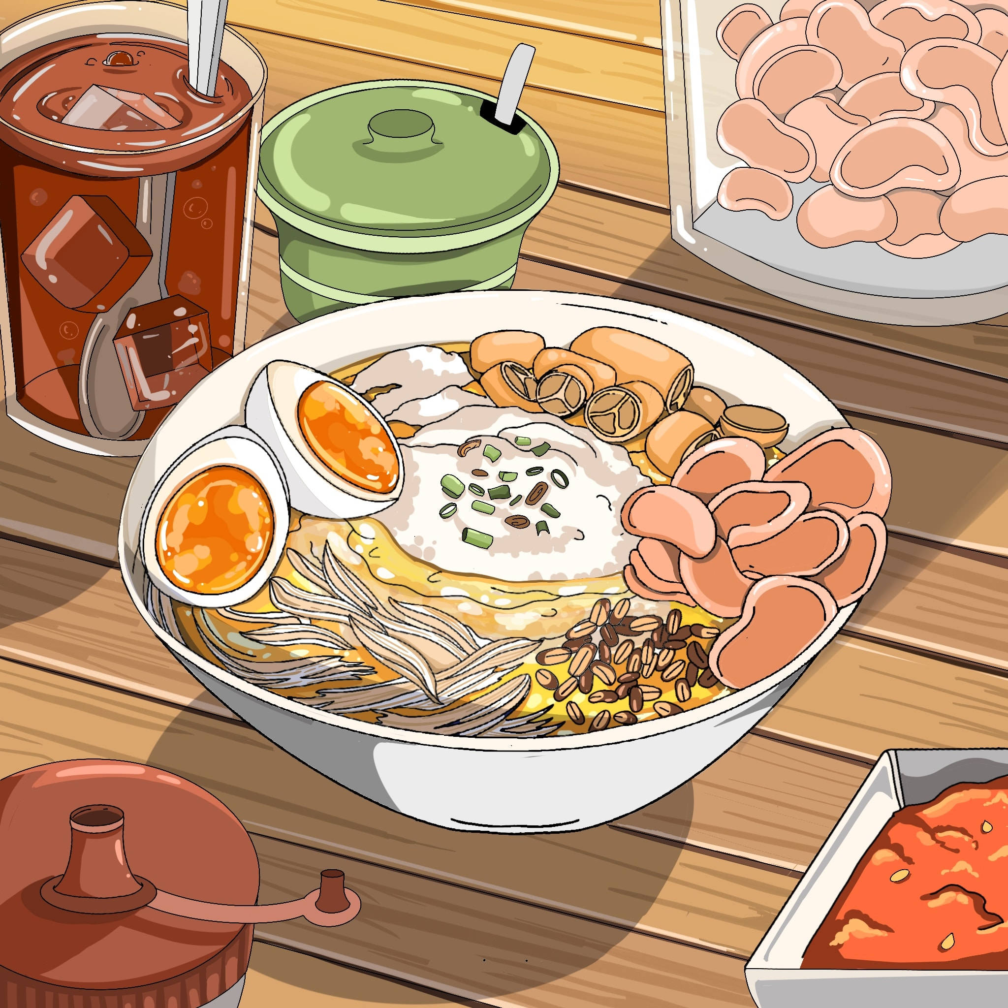 亞洲動漫風拉麵 壁紙 — 一碗色彩繽紛的插畫拉麵，上面放著半熟蛋和香脆炸物，放在木桌上，配以冰茶和小菜。