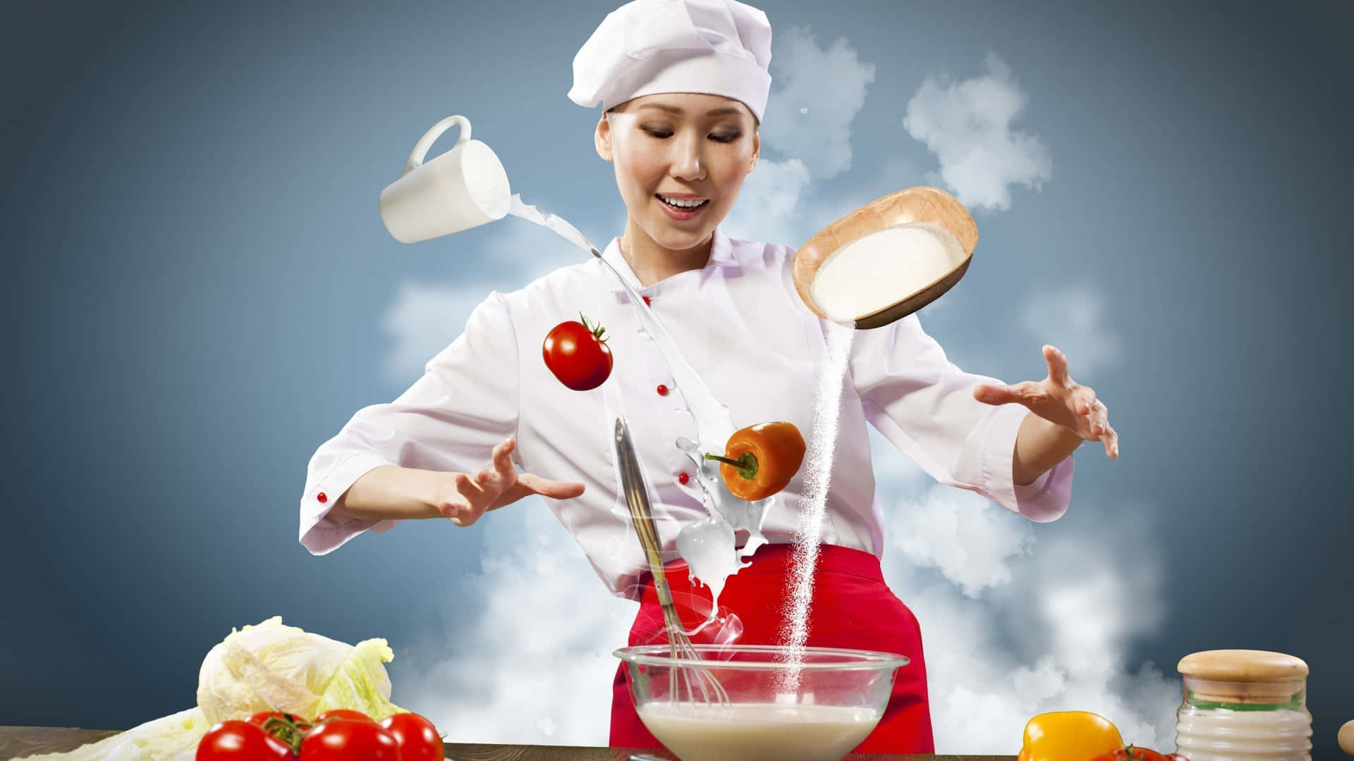 廚師在魔法廚房場景中拋灑麵粉和牛奶及蔬菜。