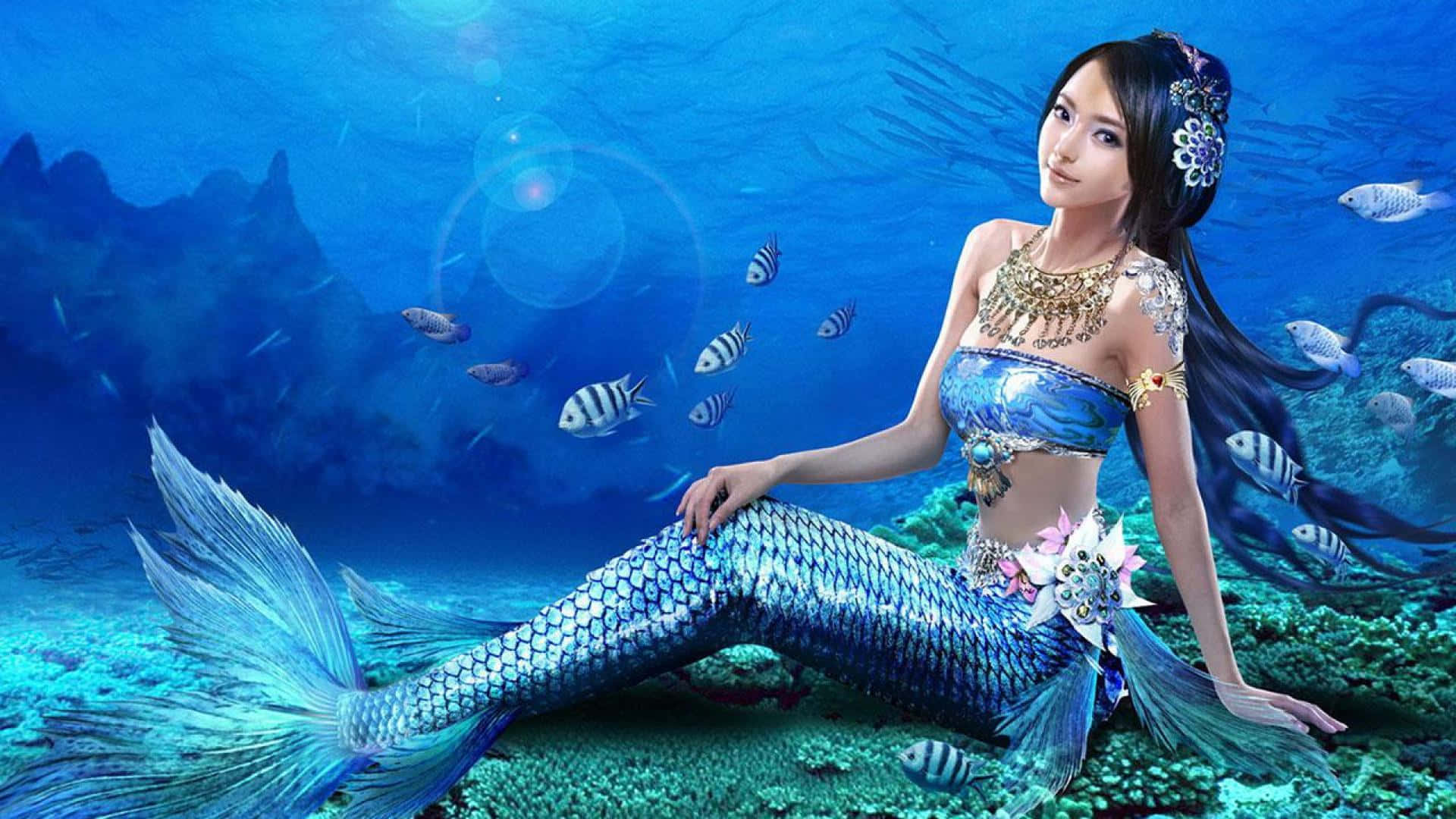 一條擁有藍色鱗片尾巴的美人魚坐在珊瑚礁上，熱帶魚在她周圍游動。