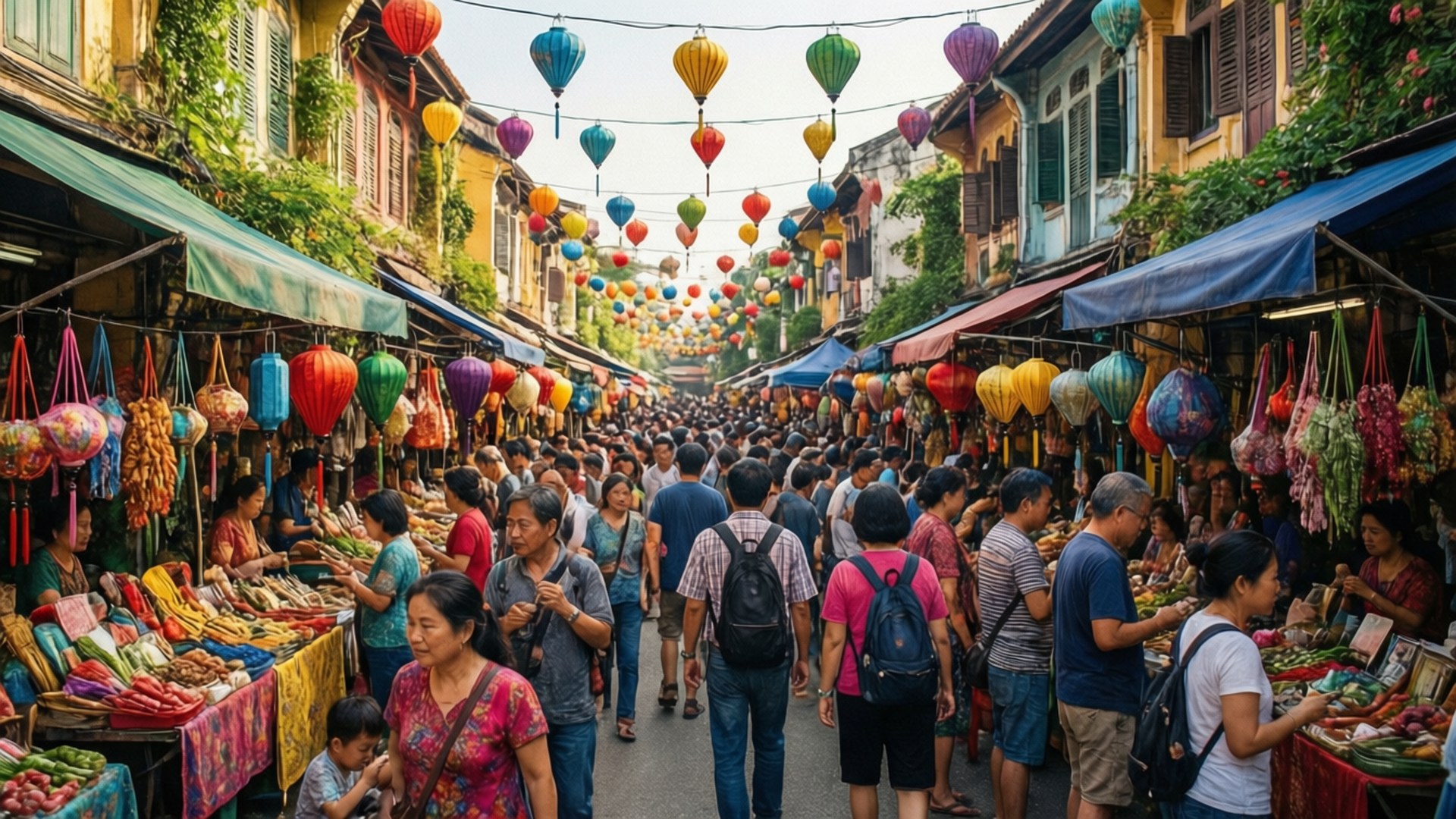 擁擠的街市，掛著彩色燈籠，購物者在瀏覽攤位。