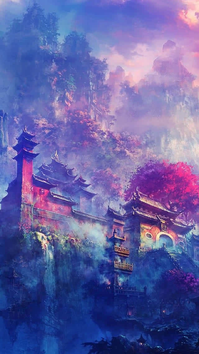 亞洲風情背景 壁紙 — 一個神秘的寺廟建築群依附在霧氣繚繞的懸崖上，下方是夢幻般的暮色天空，塗滿了紫色和粉紅色。