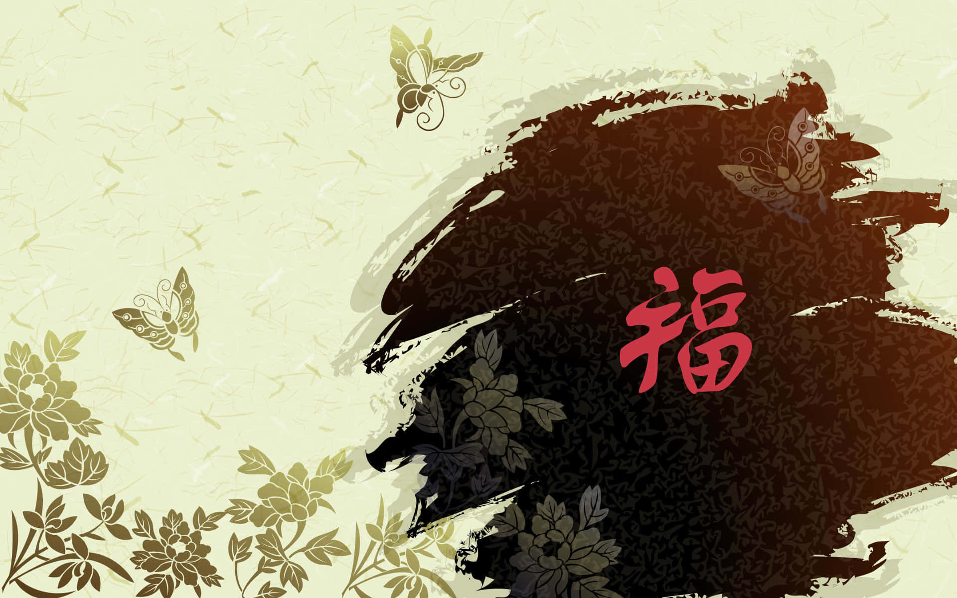 亞洲風景中一片翠綠的草地 壁紙 — 一幅傳統中國水墨畫，以粗體紅色「福」字為中心，周圍環繞著優雅的蝴蝶和花卉圖案，繪於紋理紙上。