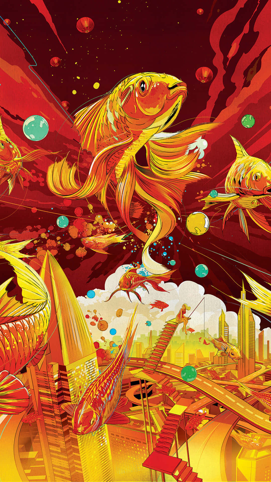 亞洲風景中藍白相間的建築與鮮紅大門 壁紙 — 巨大的金色魚兒在超現實的紅色天空中翱翔，下方是帶有浮球和雲朵的金色城市景觀。