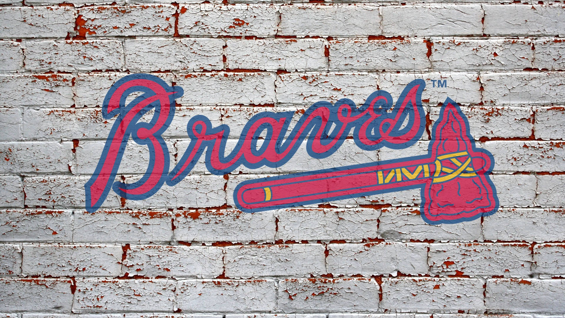 亞特蘭大勇士 數位藝術 壁紙 — 一個風化的Braves棒球標誌，以紅色和藍色繪在帶有鏽跡的裂紋白磚牆上。
