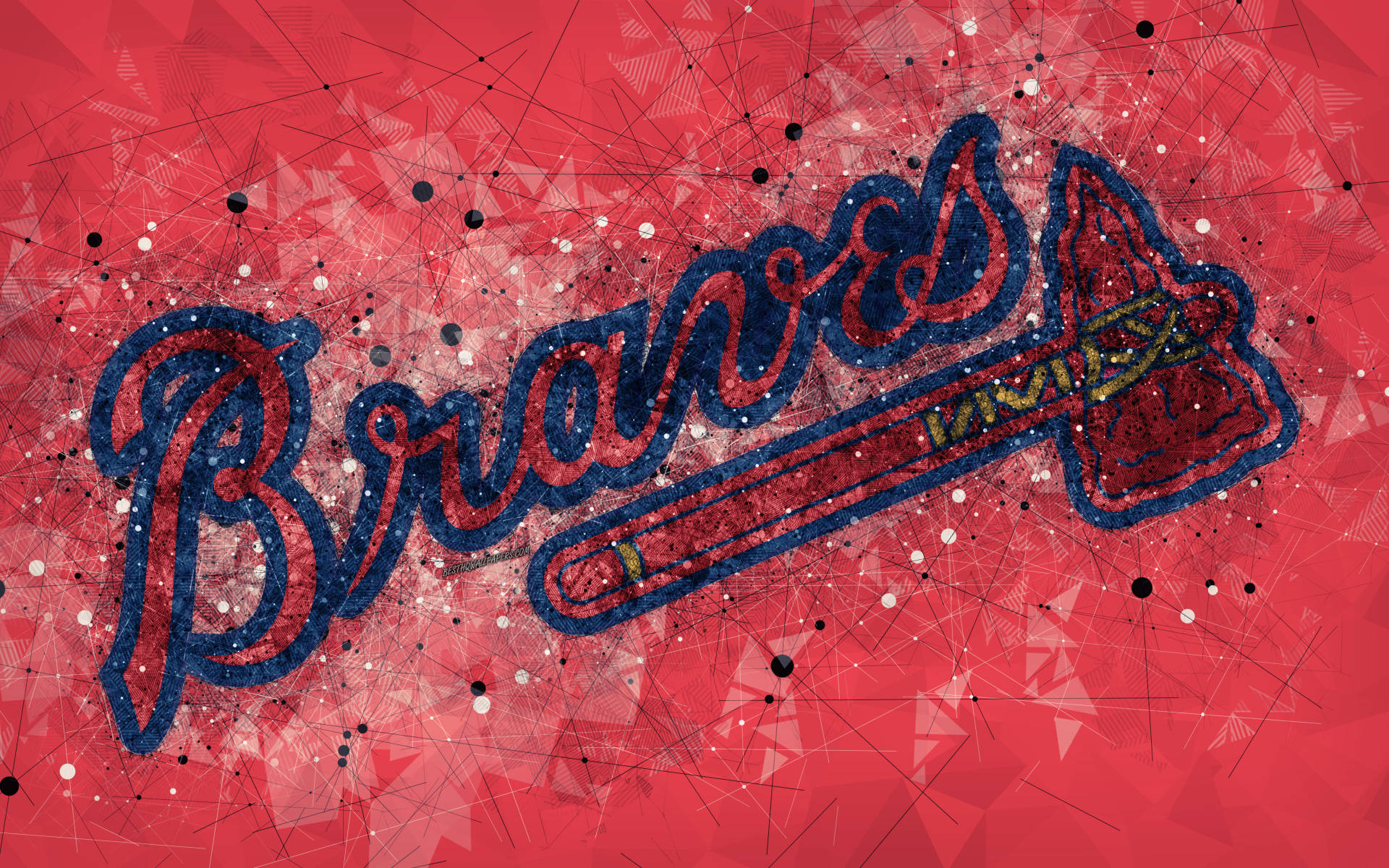 亞特蘭大勇士幾何圖案 壁紙 — 大膽的Braves標誌，帶有閃閃發光的藍色字體和戰斧，位於帶有白色和黑色斑點的紋理紅色背景上。
