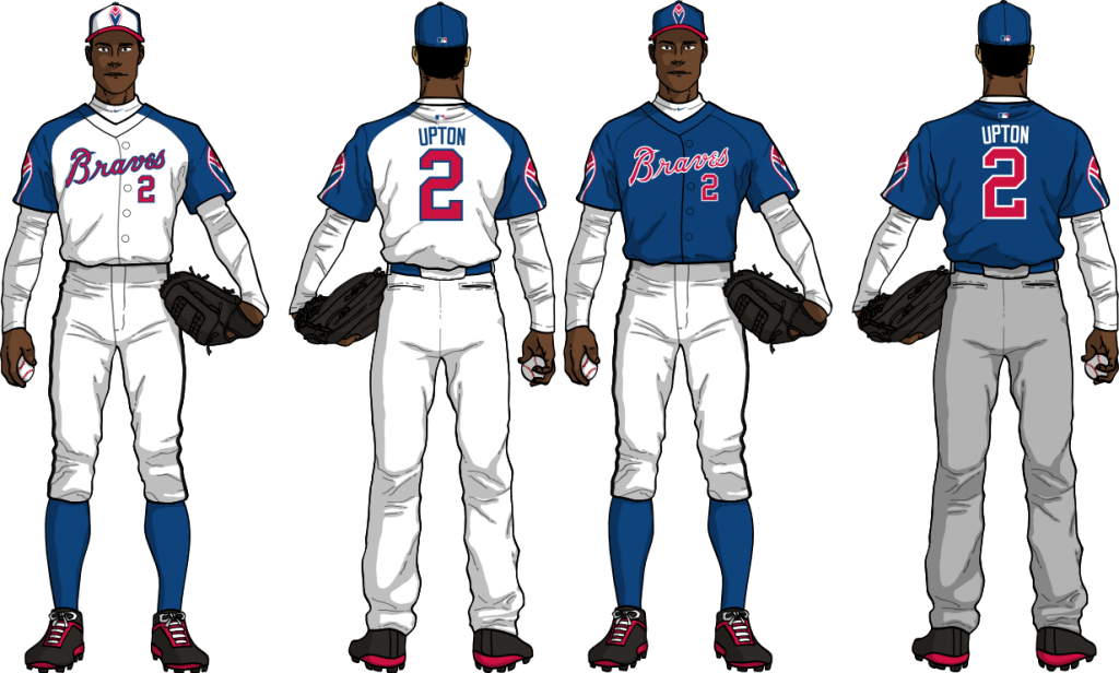 亞特蘭大勇士隊球衣概念圖 壁紙 — 四名身穿Braves球衣的插畫棒球選手，在黑色背景前展示正面和背面。