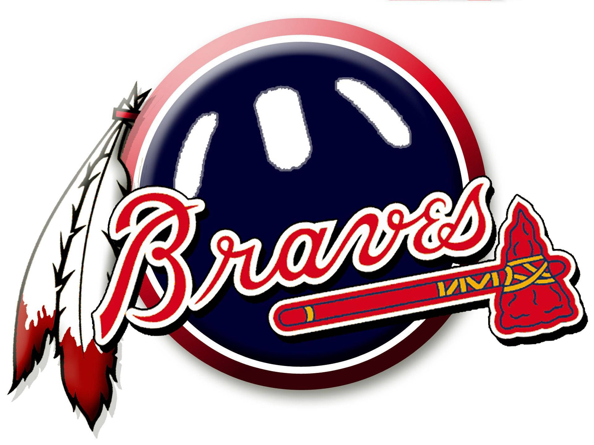 亞特蘭大勇士隊羽毛與斧頭 壁紙 — 大膽復古Braves標誌，帶有紅白藍圓形徽章、羽毛和戰斧圖案。