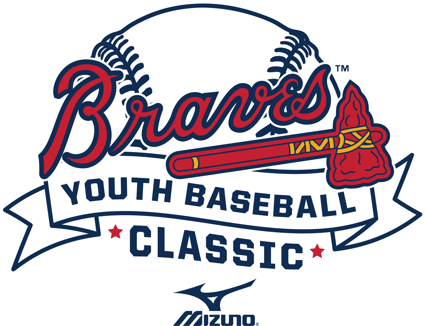 亞特蘭大勇士隊青少年棒球經典賽隊徽 壁紙 — 大膽的紅、藍、白 Braves Youth Baseball Classic 標誌，以棒球棒、戰斧和縫線球為特色。