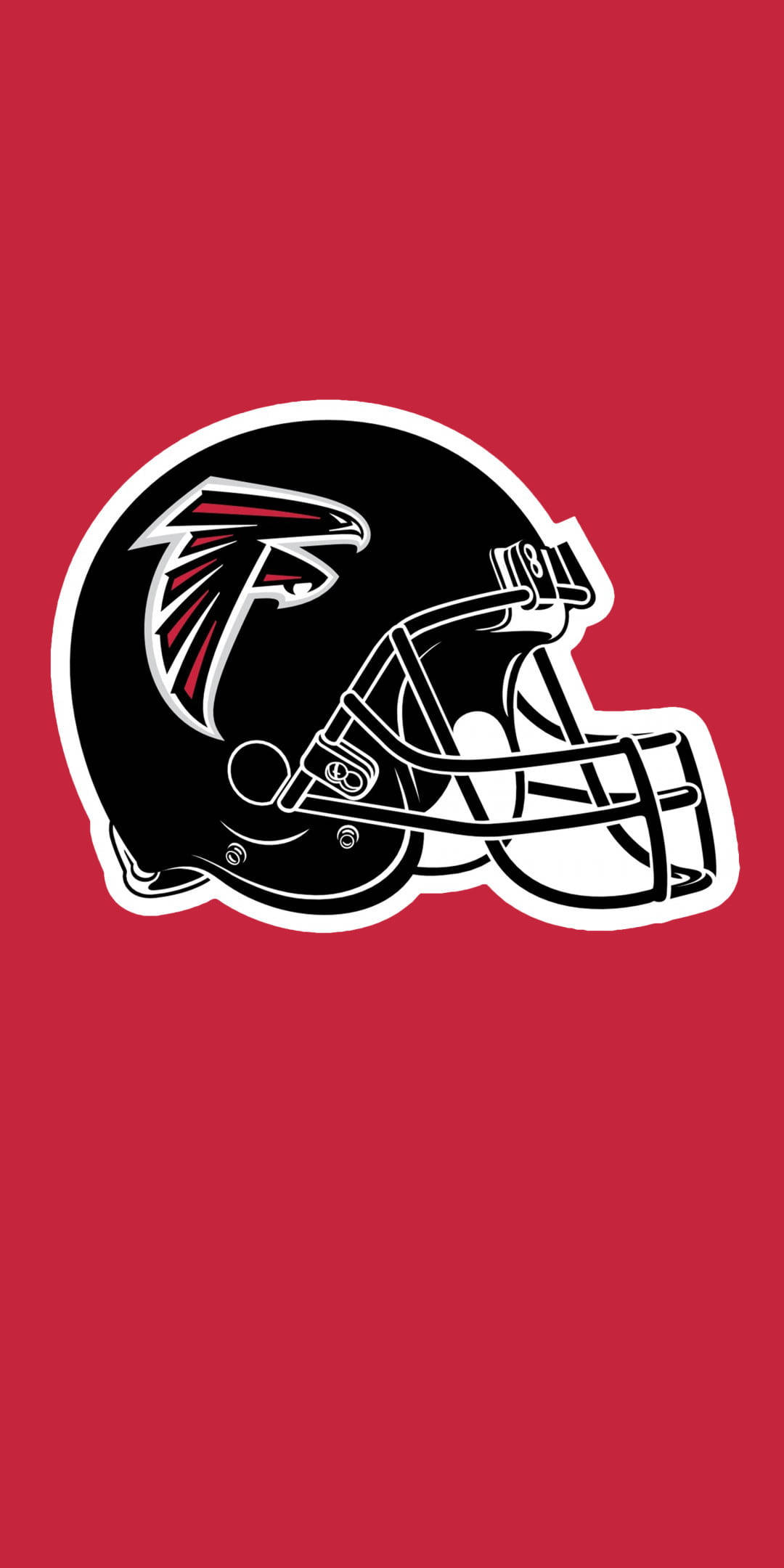 亞特蘭大獵鷹隊頭盔 NFL 隊標 壁紙 — 一個大膽的亞特蘭大獵鷹隊美式足球頭盔標誌，以黑色、白色和紅色呈現，在純紅色背景上脫穎而出。