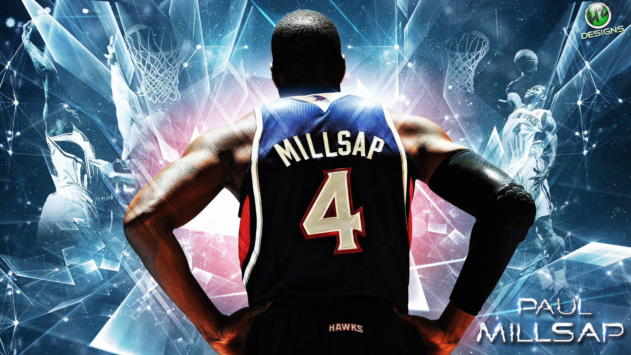 亞特蘭大老鷹隊保羅·米利斯普 壁紙 — 籃球運動員 Paul Millsap 身穿鷹隊 4 號球衣的背影，自信地站立，身後有發光的未來感籃框和數碼效果。