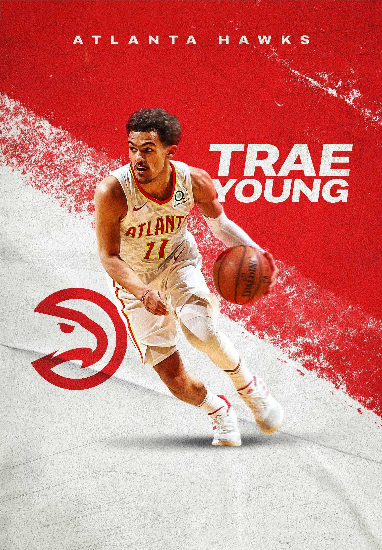 亞特蘭大老鷹隊特雷·楊 壁紙 — Trae Young 身穿亞特蘭大鷹隊球衣，在搶眼的紅白背景下動態運球。
