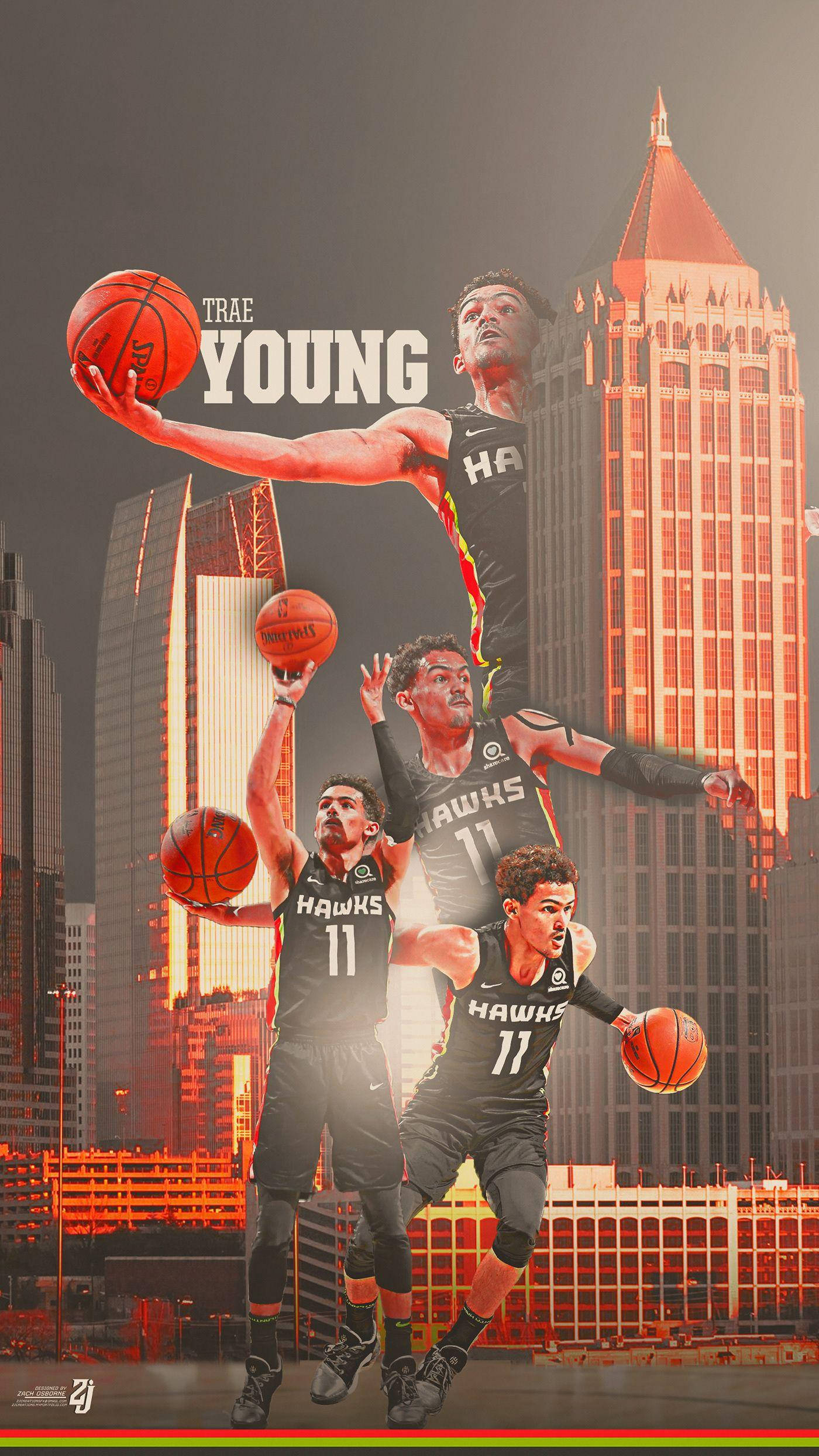 亞特蘭大老鷹隊特雷·楊精彩瞬間 壁紙 — 運動員 Trae Young 以多個動態姿勢手持籃球，背景是日落時分閃耀的城市天際線。