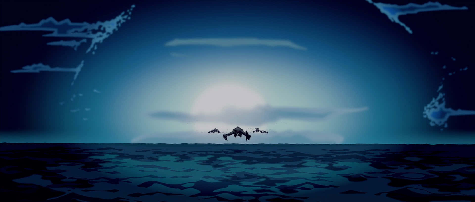 未來飛機在黃昏時飛越海洋，伴隨著發光的太陽。