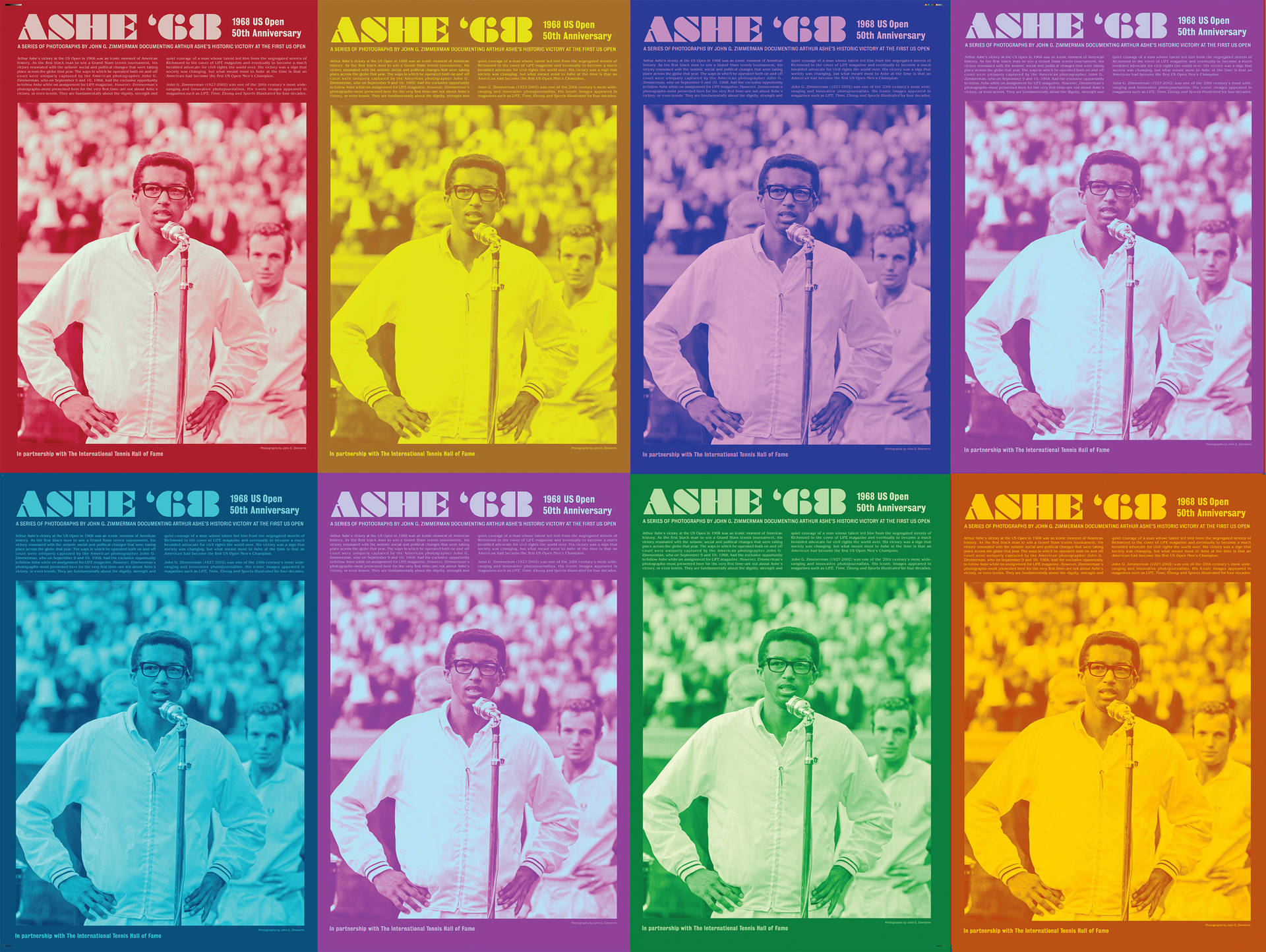 復古 Ashe '68 美國公開賽 50 週年紀念海報，八種鮮豔色彩變化。