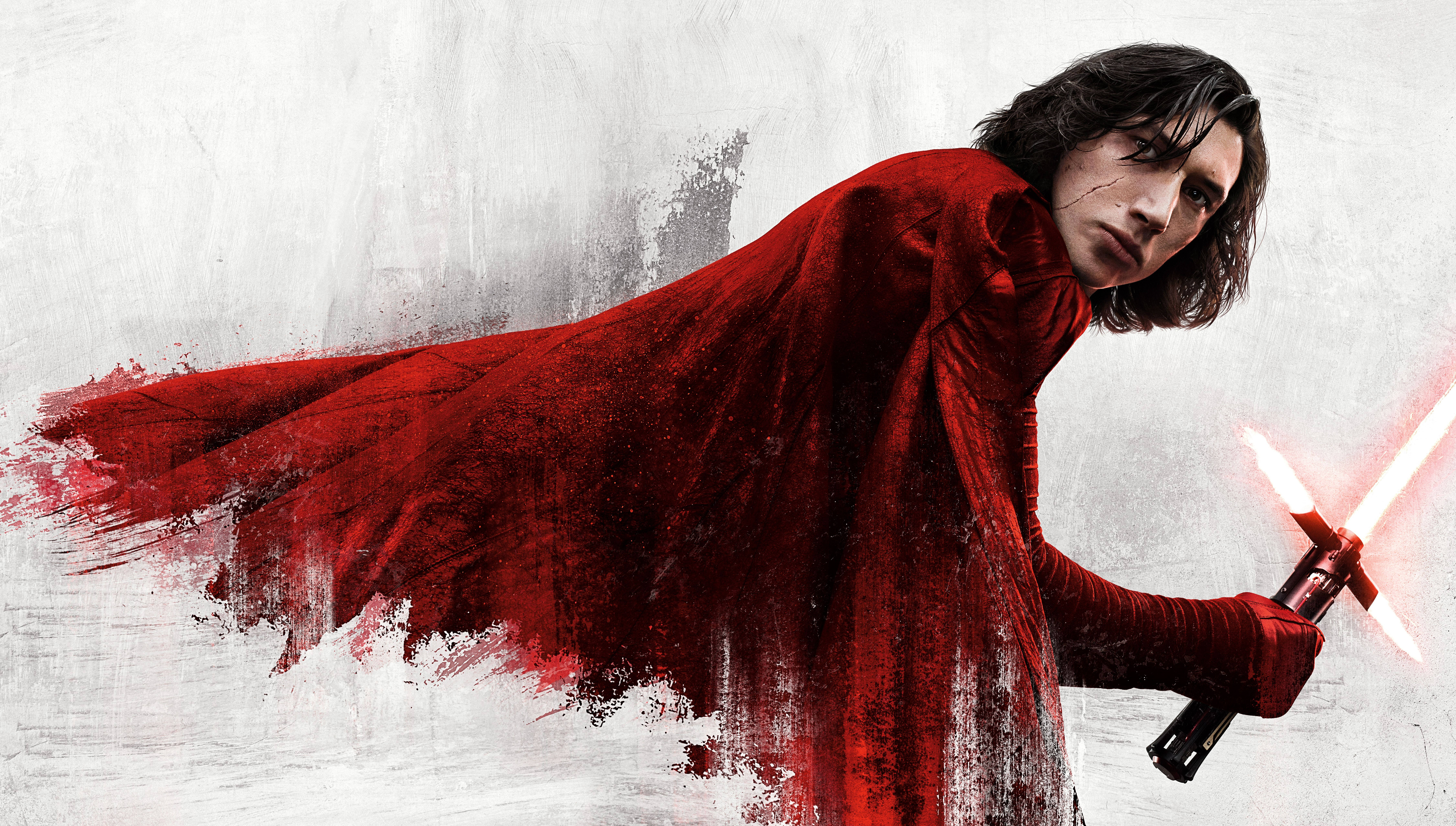 亞當·德賴弗飾演《星際大戰：最後的絕地武士》中的 Kylo Ren 壁紙 — 一個身穿飄逸紅色斗篷的戰士，在紋理白色背景前揮舞紅色光劍。