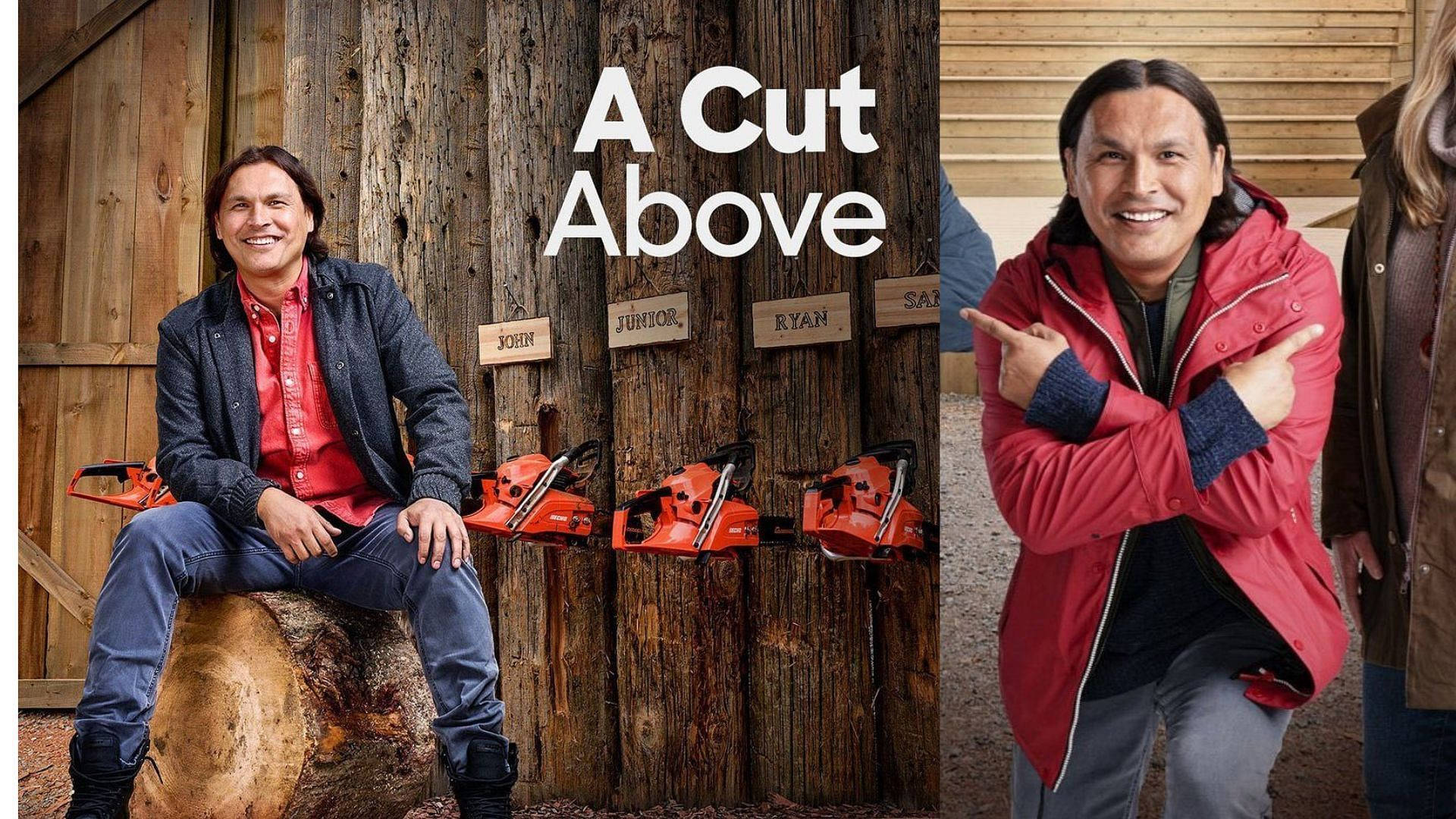 亞當·比奇主演《A Cut Above》海報 壁紙 — 一位微笑嘅男人著住紅色外套，自信咁企喺掛住橙色鏈鋸同名牌嘅木牆旁邊。