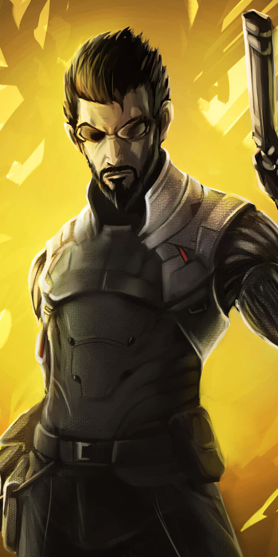 一個穿著戰術裝備的認真武裝男子，背景是發光的黃色。