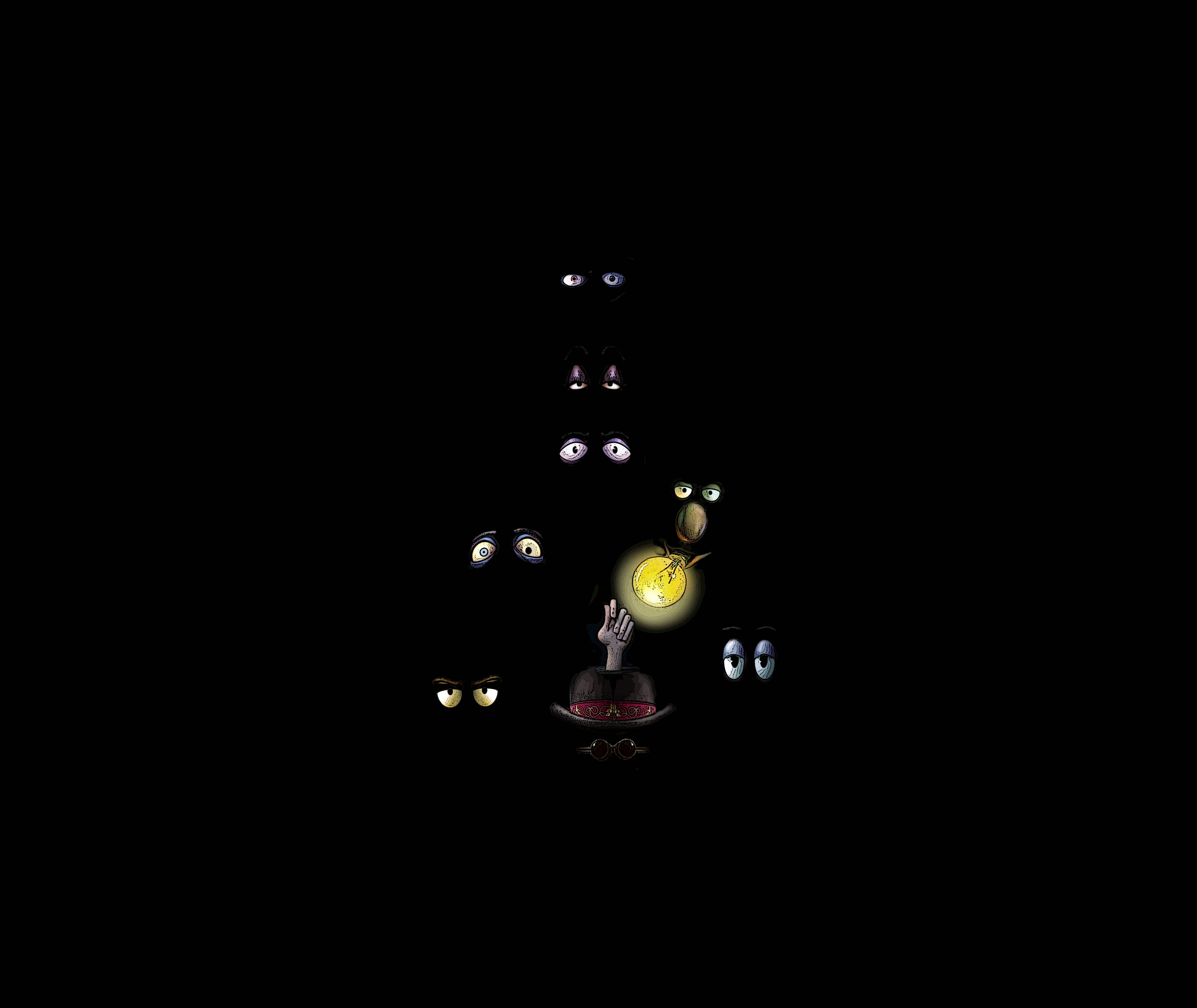 《亞當斯一家》只見雙眼 壁紙 — 一隻手喺黑色虛空中高舉一個發光黃色球體，周圍有漂浮嘅眼睛。
