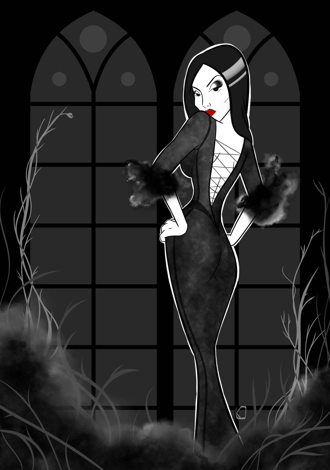 《亞當斯一家》性感莫蒂霞 壁紙 — 一位哥德式女子身穿黑色蕾絲連衣裙，在拱形窗前擺姿勢，薄霧在她周圍旋轉。