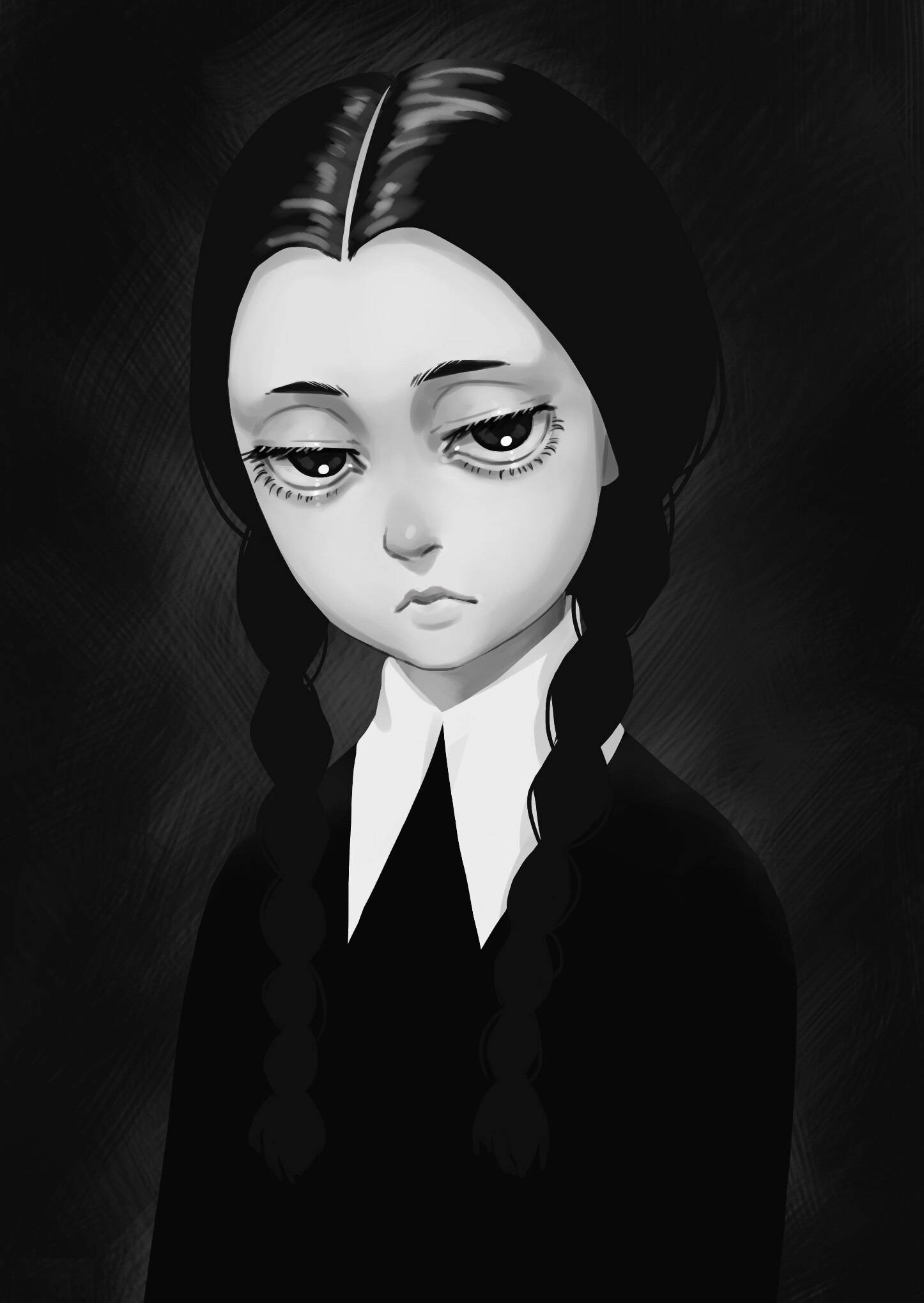 《亞當斯一家》星期三肖像 壁紙 — 一幅黑白插圖，描繪一個長辮子、表情嚴肅的年輕女孩，背景是深色紋理。