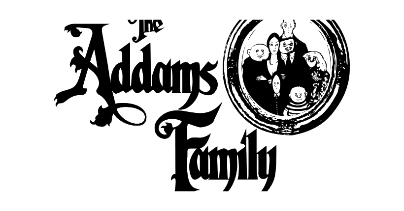 《亞當斯一家》標誌與角色 壁紙 — The Addams Family 的黑白標誌，帶有風格化的哥德式文字和圓形家庭肖像。