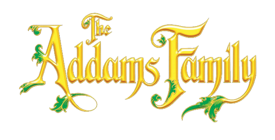 亞當斯一家標誌 壁紙 — 金色華麗的 The Addams Family 標誌，帶有綠色樹葉裝飾，白色背景。