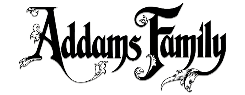 亞當斯一家標誌 壁紙 — 優雅的黑色哥特式字體標誌，適用於阿達一族，帶有華麗的花飾，背景為純綠色。