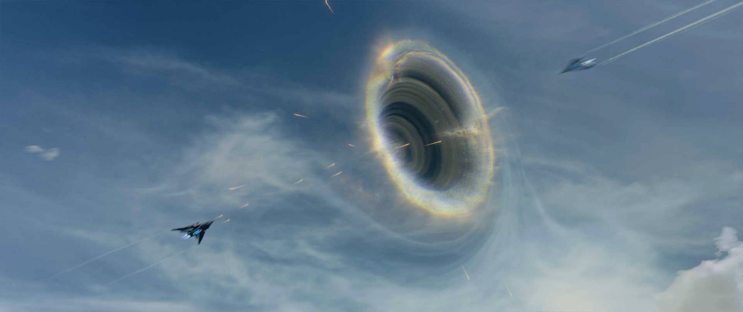 《亞當計劃》時空蟲洞場景 壁紙 — 兩架戰鬥機飛近一個發光的宇宙黑洞，在陰雲密佈的天空中旋轉。