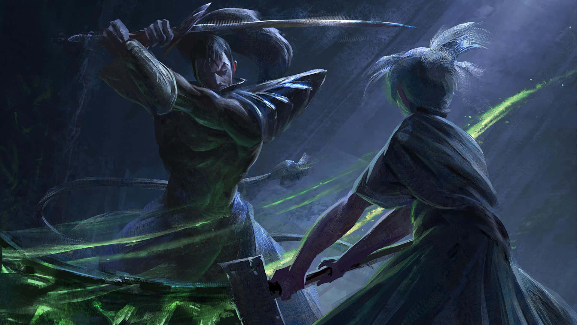 兩名戰士在黑暗森林中用發光的劍戰鬥，在戲劇性的燈光下。