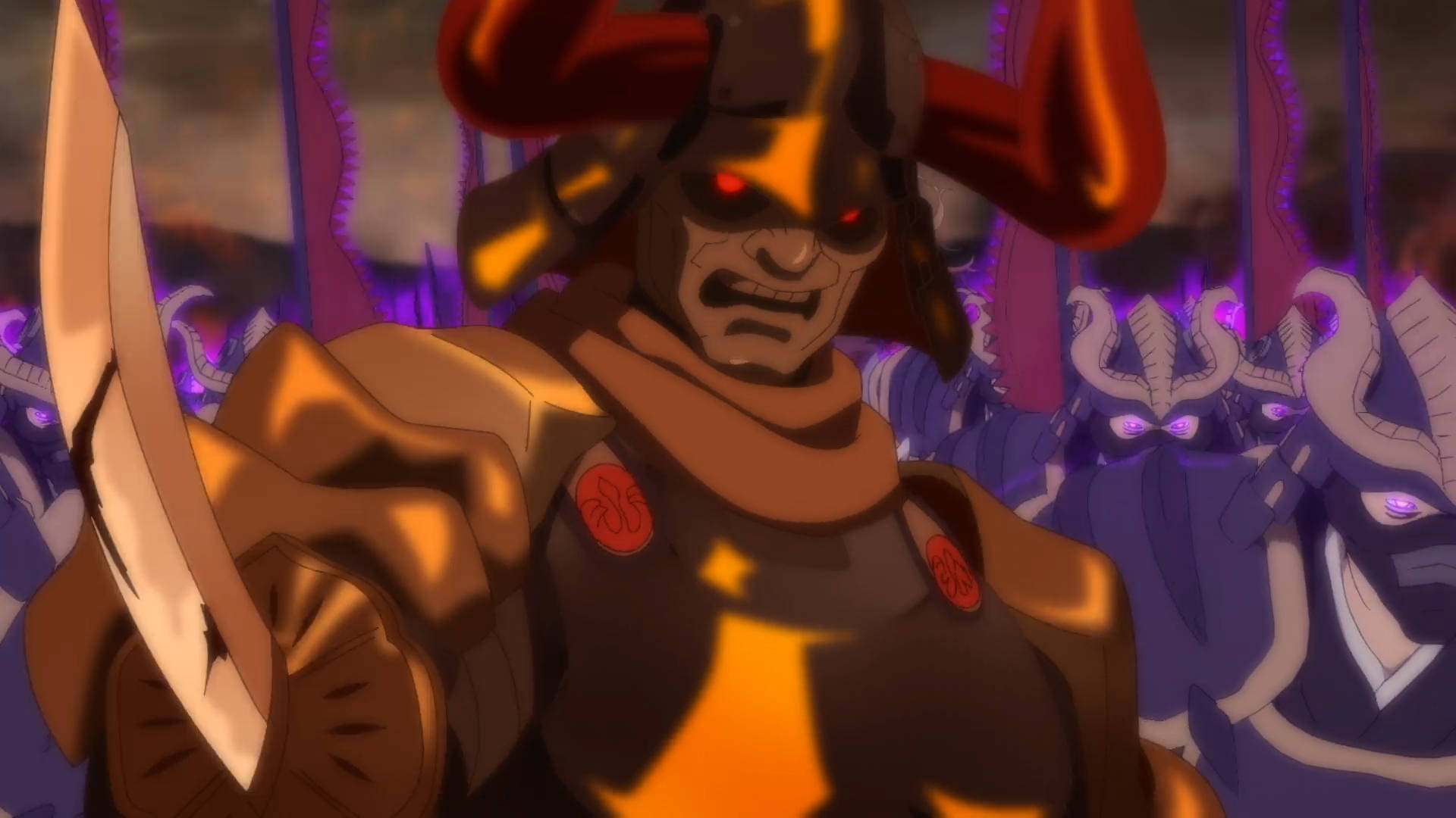 《亞蘇基》中的黑魔 壁紙 — 一個帶有發光紅眼和劍的威嚇性動漫武士，站在黑暗戰場上一群紫色裝甲戰士面前。