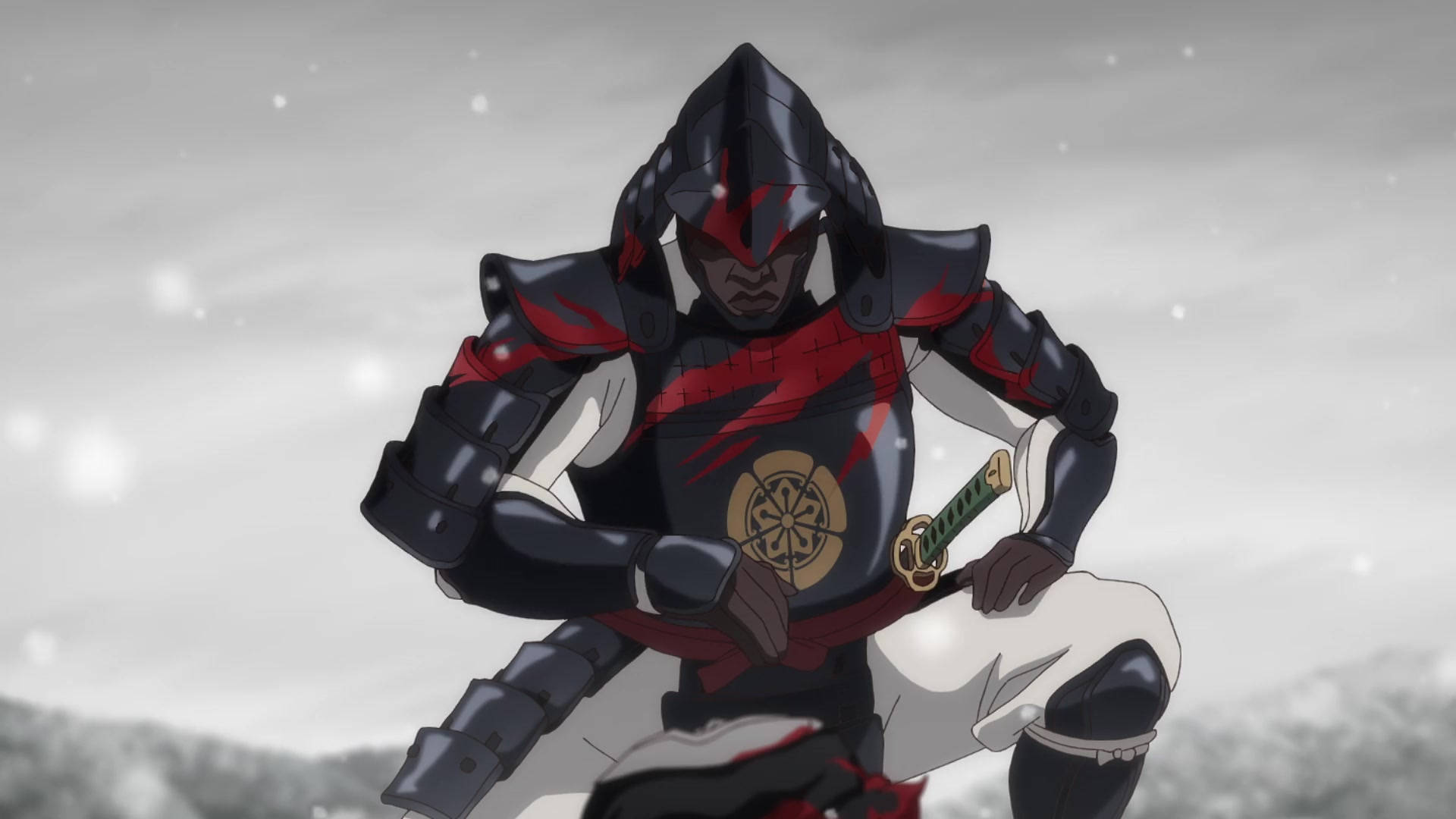 亞蘇基主角形象 壁紙 — 一位身穿黑紅鎧甲的武士跪在雪地上，身旁放著一把刀，背景是灰色的冬日天空。