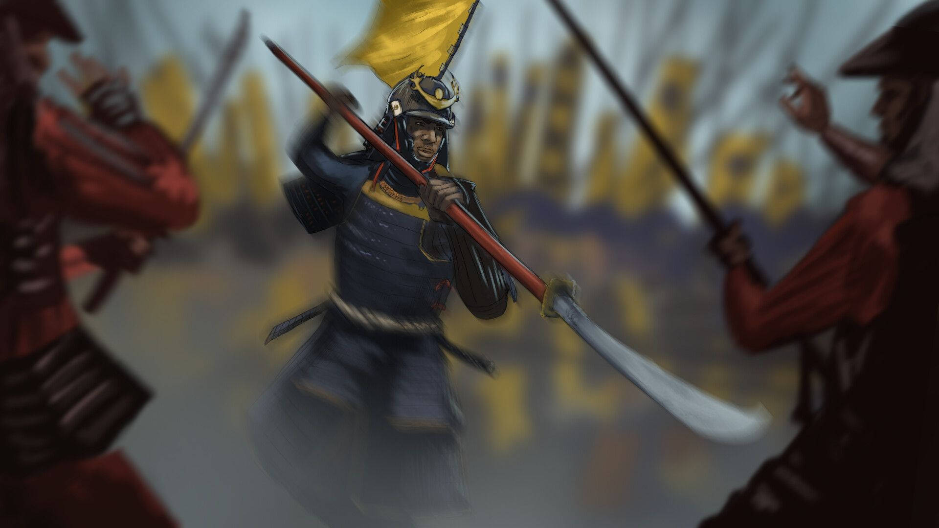 亞蘇基在模糊戰場 壁紙 — 一名身穿暗色鎧甲的武士武士在混亂的戰場上揮舞長劍，背景有模糊的紅衣敵人和黃色旗幟。