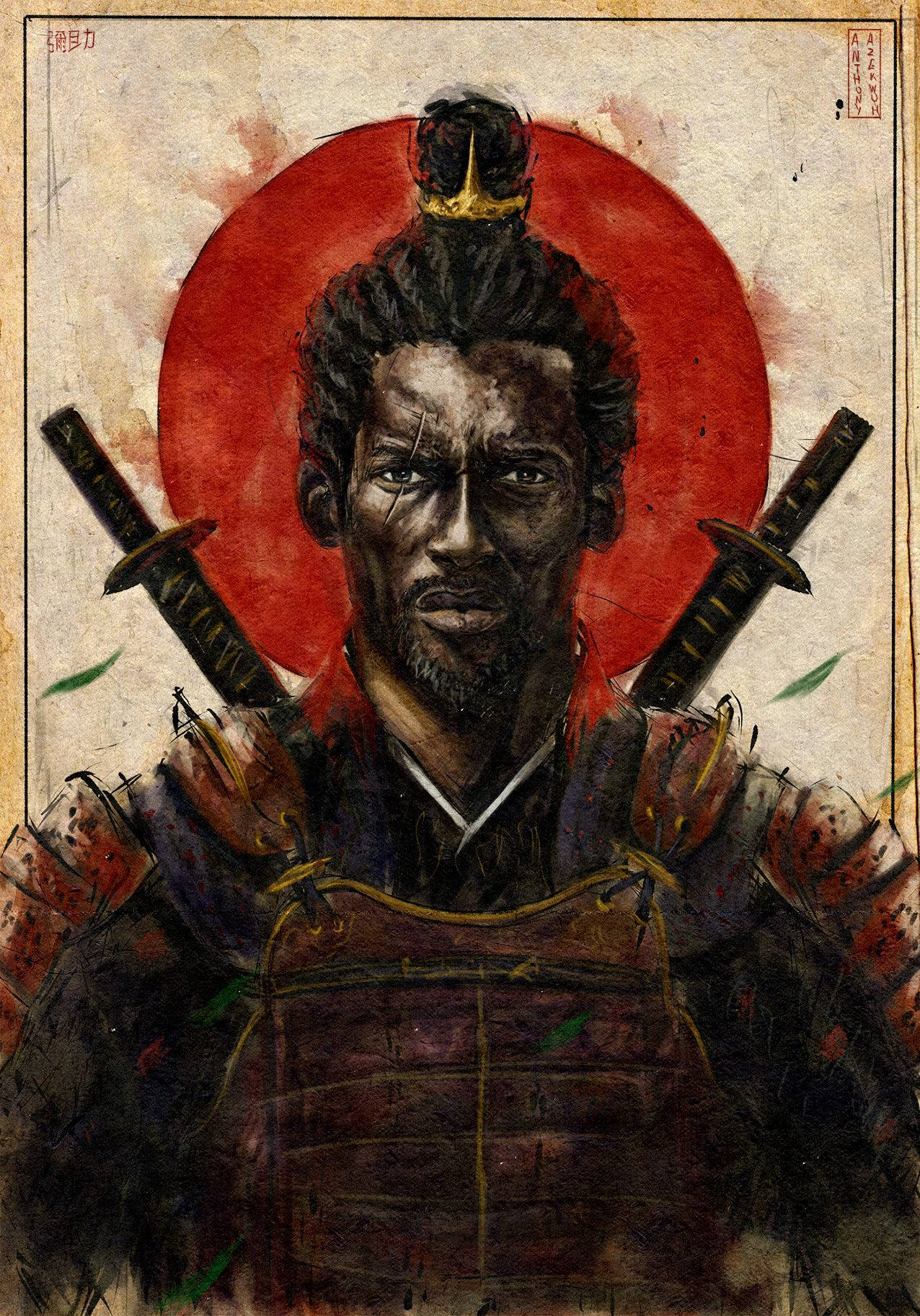 亞蘇基的繪畫肖像 壁紙 — 一位嚴肅的黑武士身穿暗色鎧甲，背負兩把劍，站在大膽的紅日前。