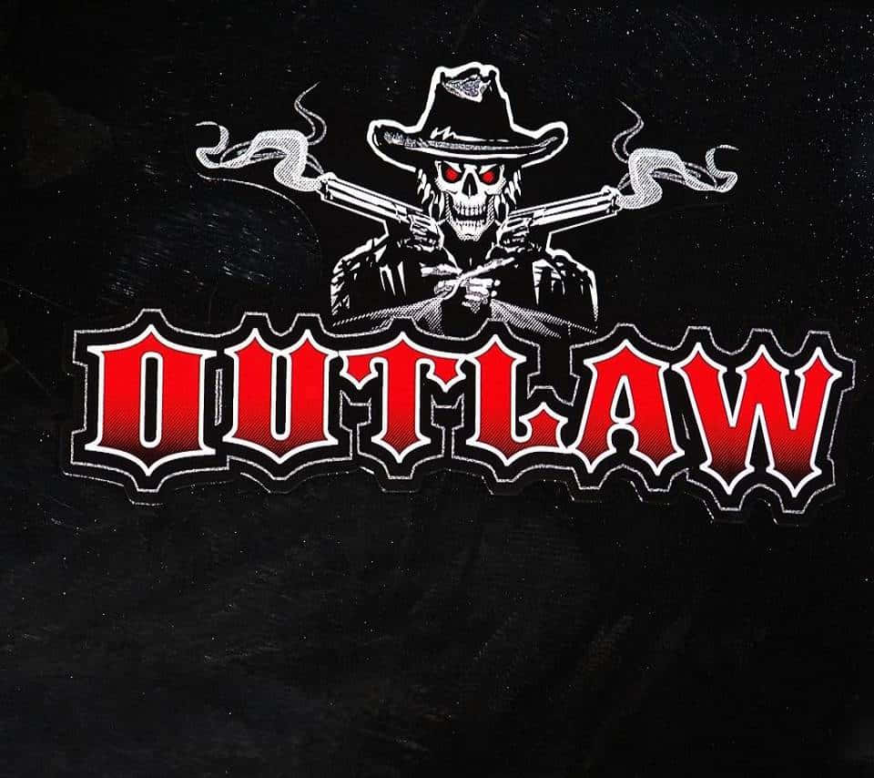 骷髏牛仔在深色背景上，於紅色 outlaw 文字上方手持冒煙的槍